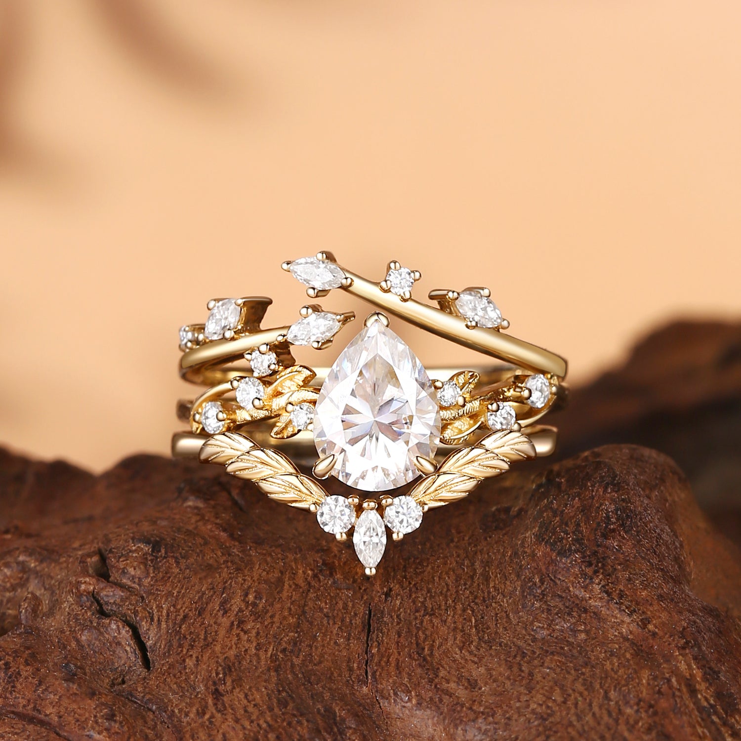Leaf Ring -  Moissanite Vine Inspired Leafy Bridal Set 3pcs 