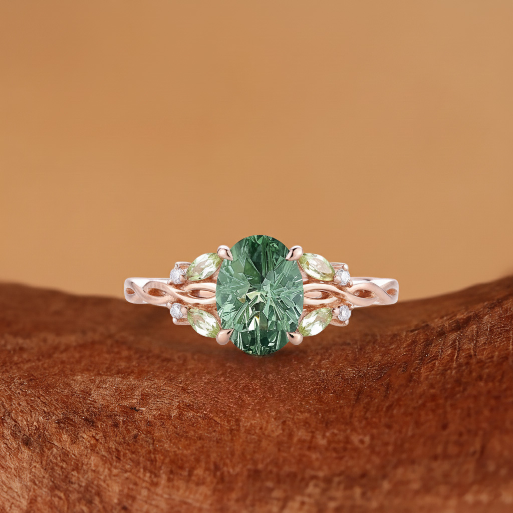 Olea - Oval Firework Cut Green Sapphire Twist Engagement Ring