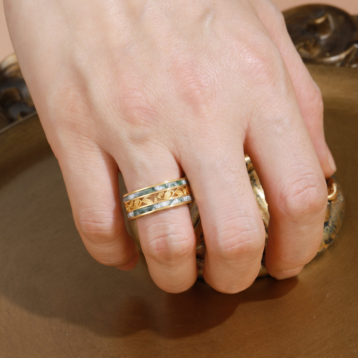 8MM Moss Agate Leafy Branch Inspired Yellow Gold Men Rings