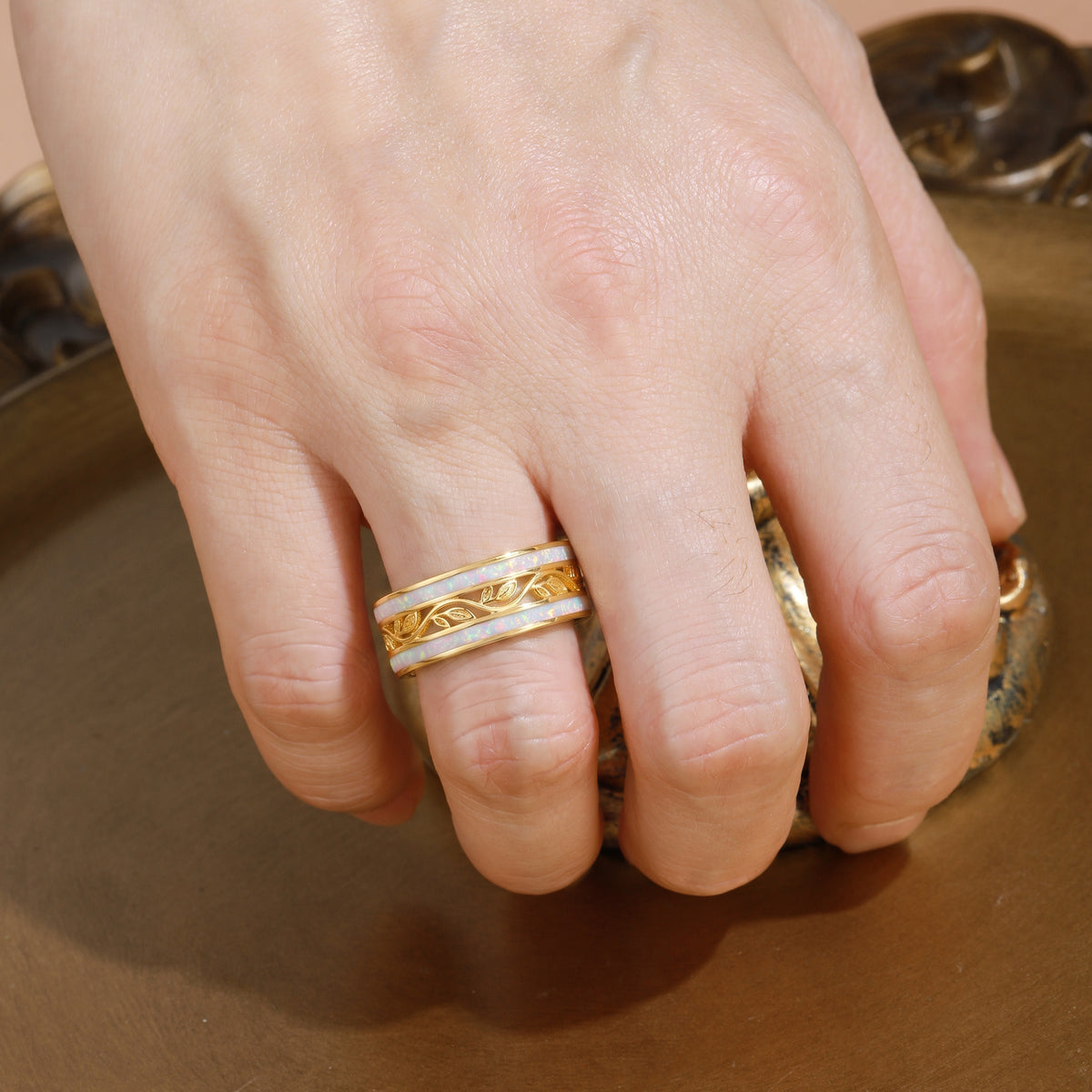 8MM Opal Leafy Branch Inspired Yellow Gold Men Rings