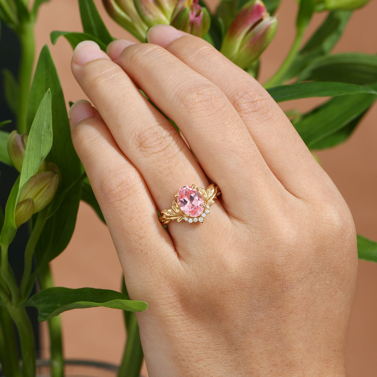 Oval Cut Padparadscha Sapphire Leafy Inspired Engagement Ring - Wendy