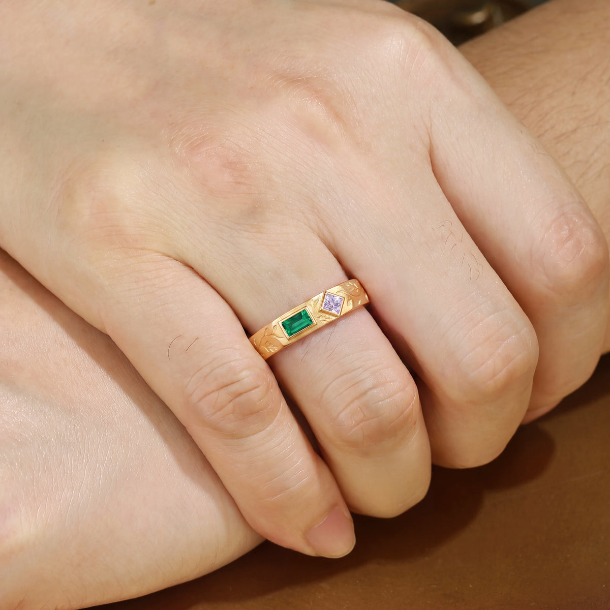 Art Nouveau Emerald & Princess Cut Purple Sapphire Hand Engraved Leaf Vine men's Ring