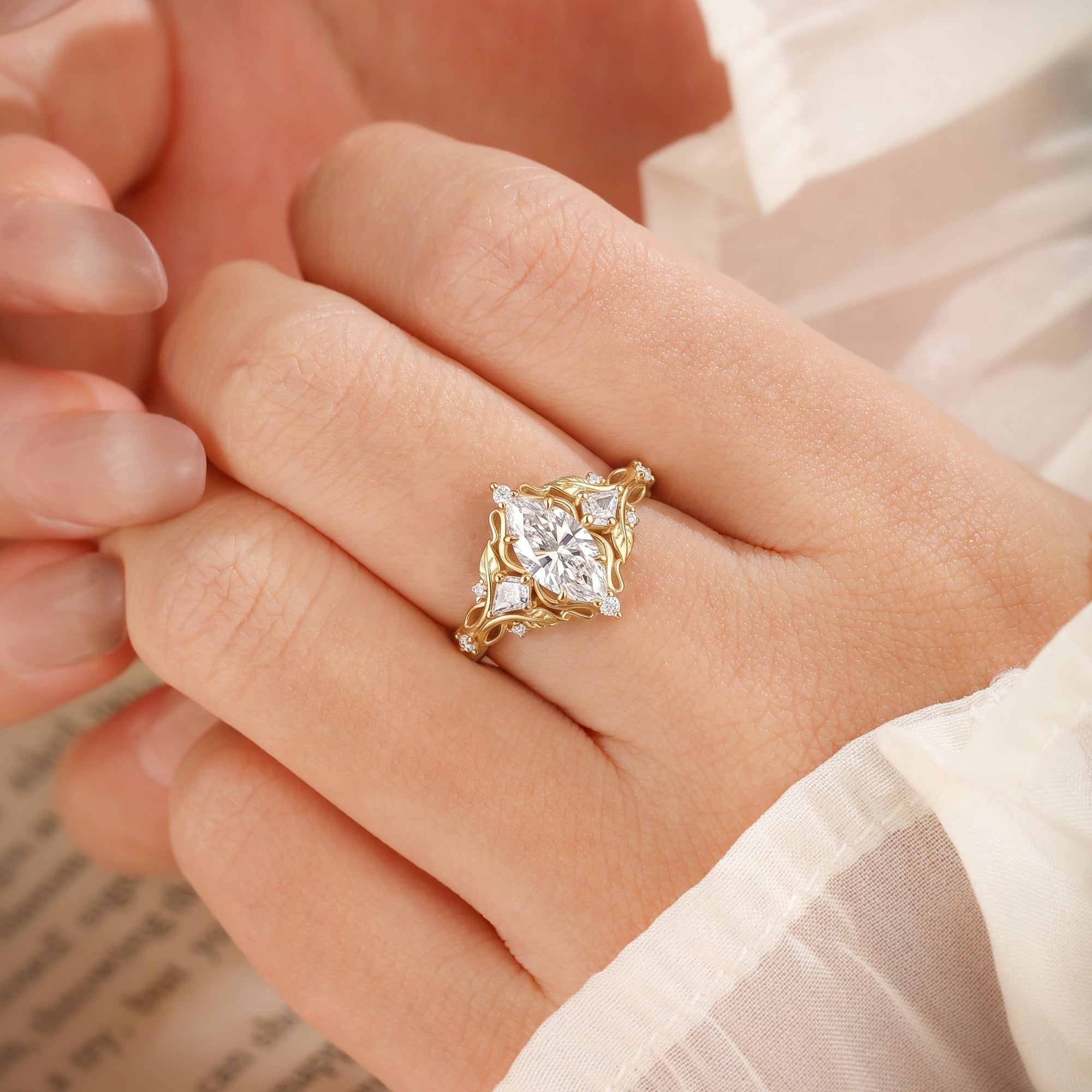Nature Inspired Marquise Cut Moissanite Unique Leafy Engagement Ring - Nell
