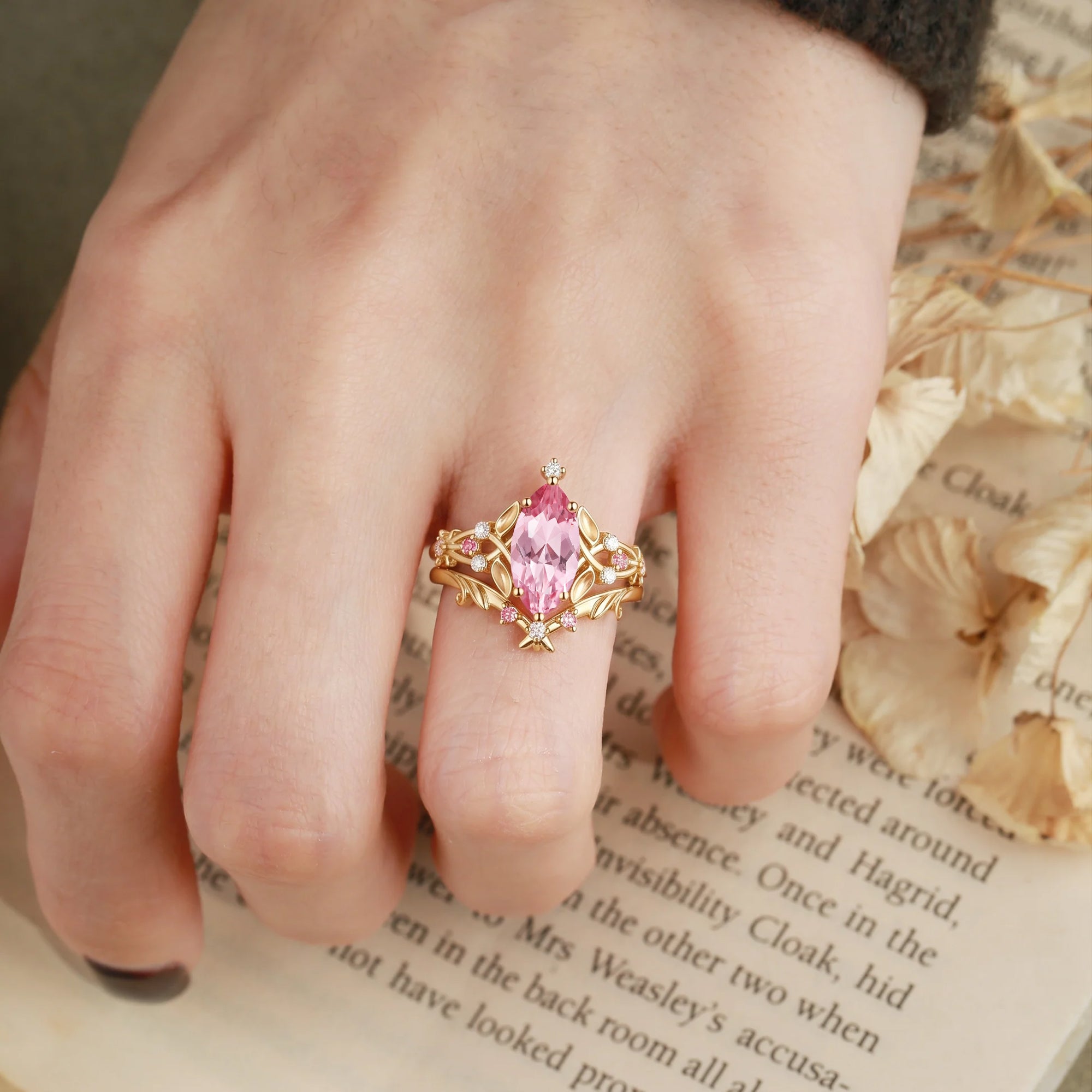 Floral Fairy Marquise Cut Padparadscha Sapphire Leafy Bridal Set 2pcs - Faith