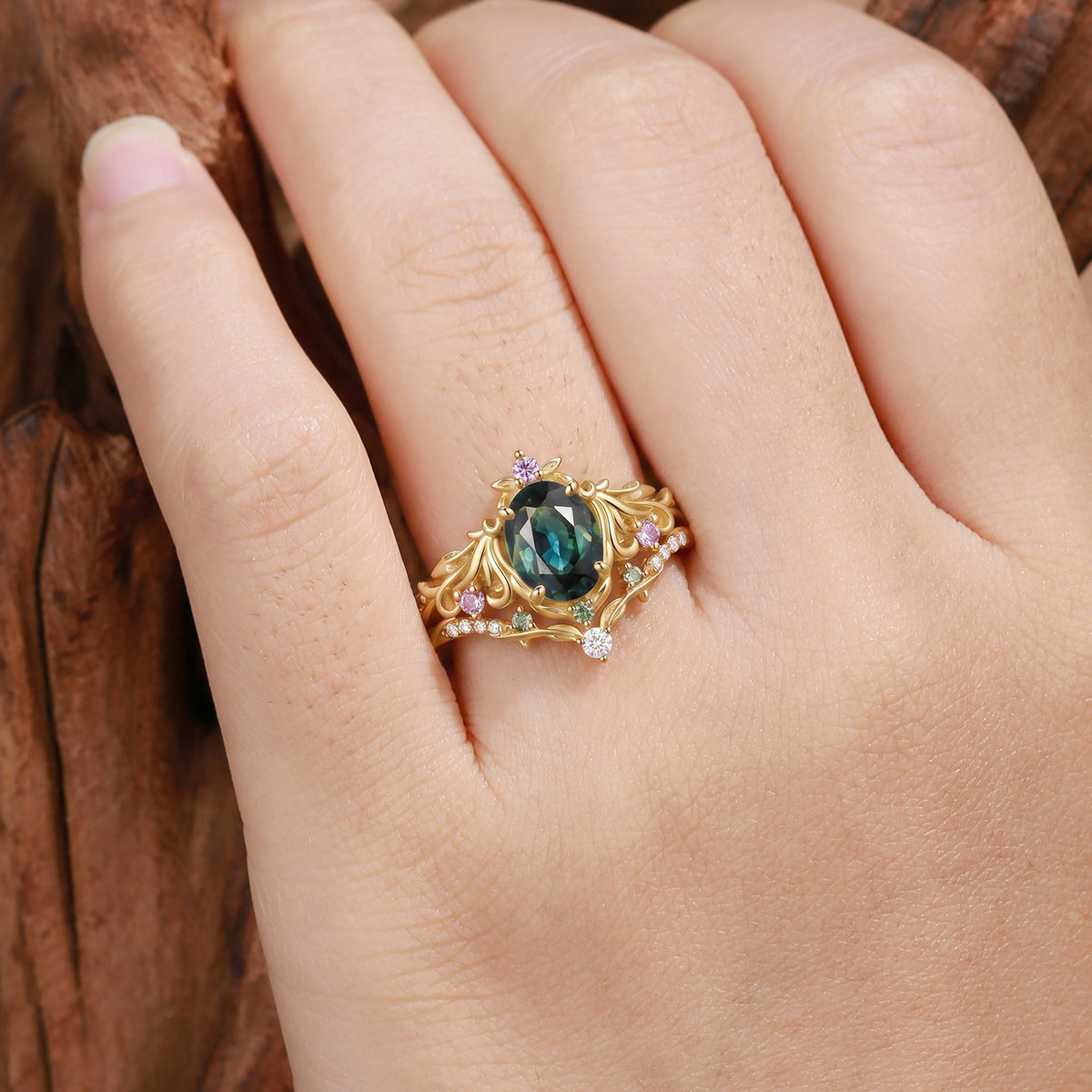 Leafy Oval Cut Natural Teal Sapphire Filigree Engagement Ring Set 2pcs - Calla