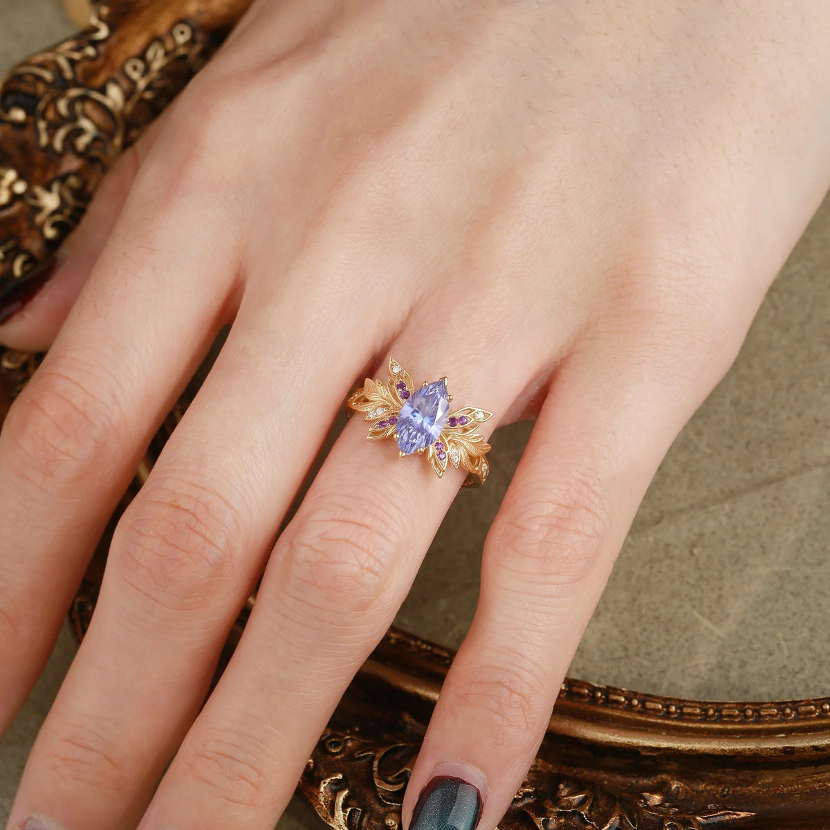 Butterfly Wing Forest Fairy Marquise Firework Cut Purple Sapphire Leafy Engagement Ring - Inara