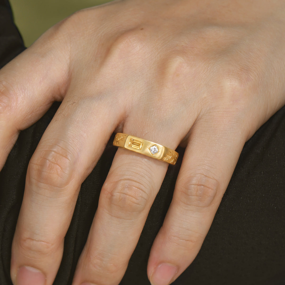 3.5MM Antique Yellow Citrine & Princess Cut Moissanite Engraved Leaf Men's Ring