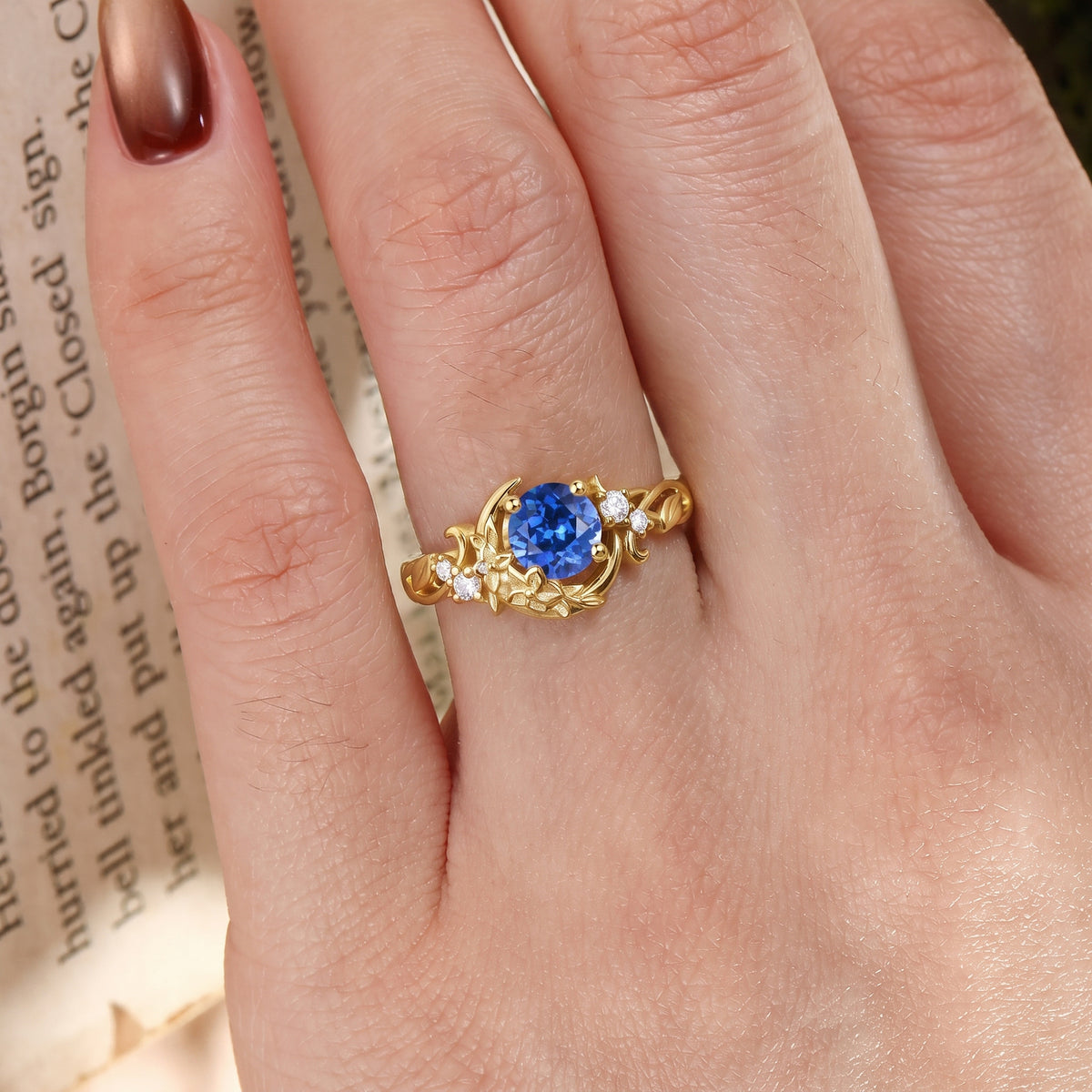 Leafy Flower & Crescent Moon Round Cut Blue Sapphire Engagement Ring - Lyric