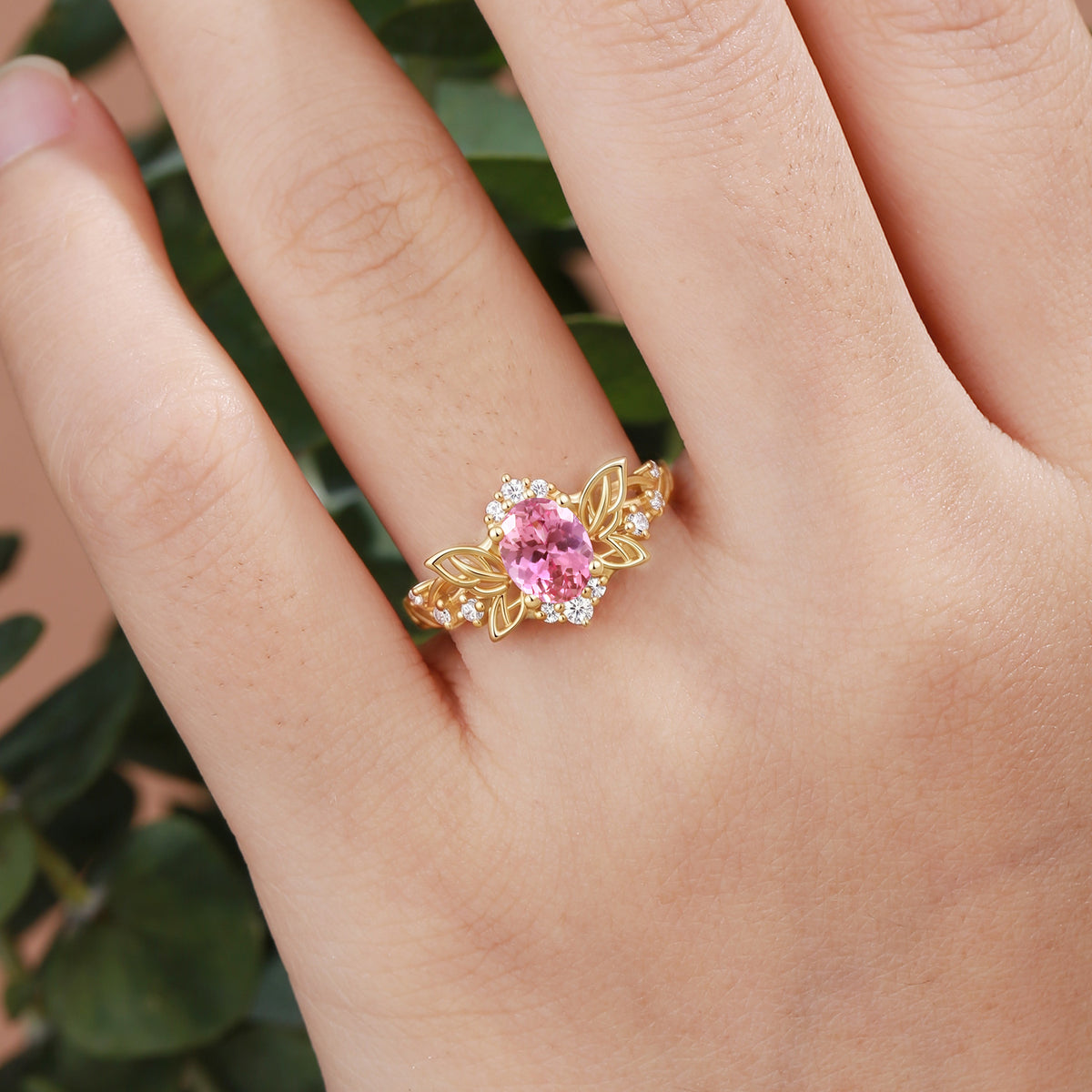 Butterfly Inspired Oval Cut Lab Pink Sapphire Leafy Fairytale Engagement Ring-Violette
