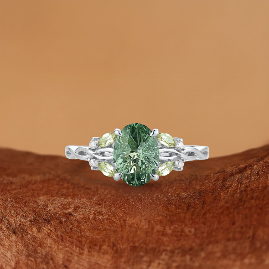 Olea - Oval Firework Cut Green Sapphire Twist Engagement Ring