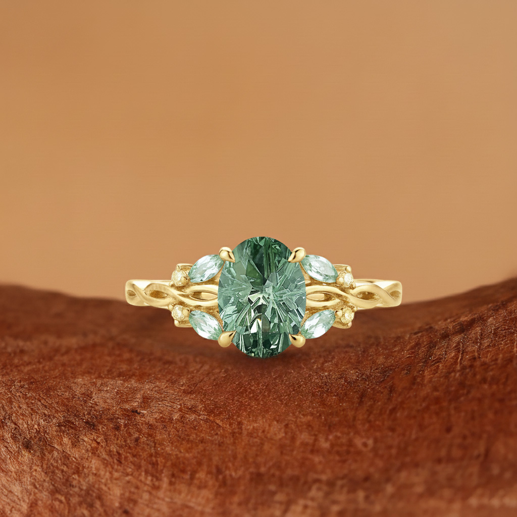Olea - Oval Firework Cut Green Sapphire Twist Engagement Ring
