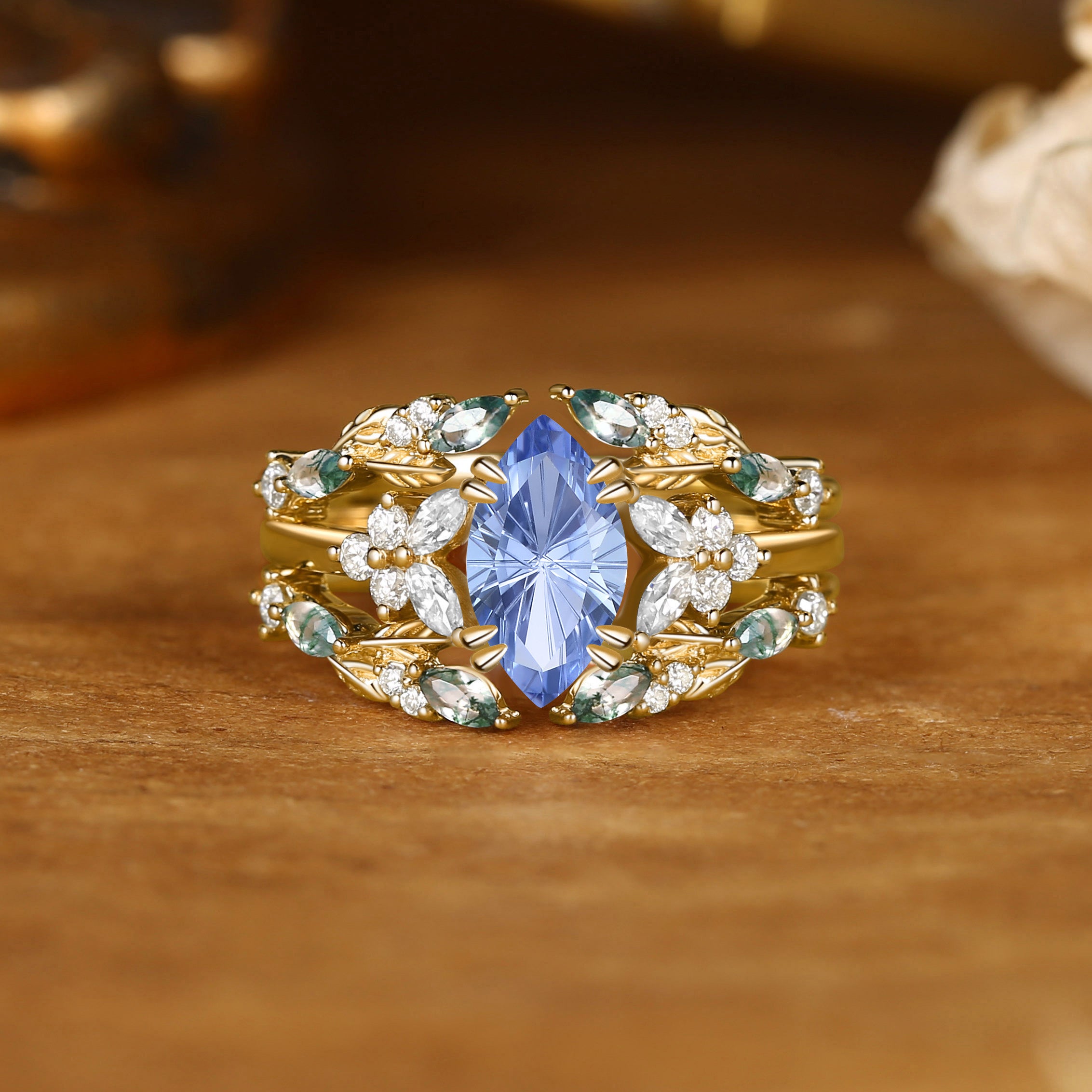 Jasmine - Firework Marquise Cut Cornflower Sapphire Cluster Moss Agate Leaf Ring Bridal Set