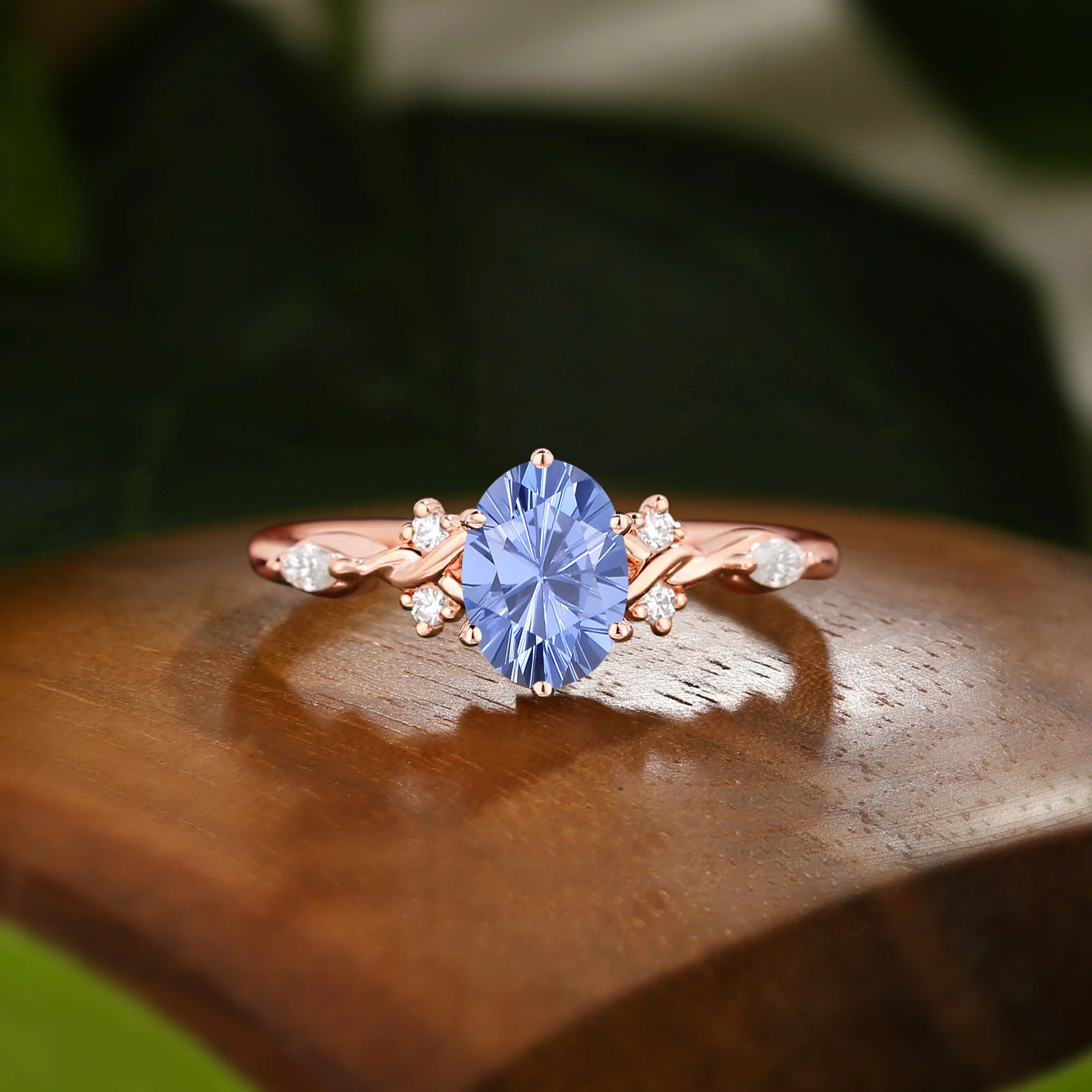 Oval Firework Cut Cornflower Blue Sapphire Twist Engagement Ring - Lucille