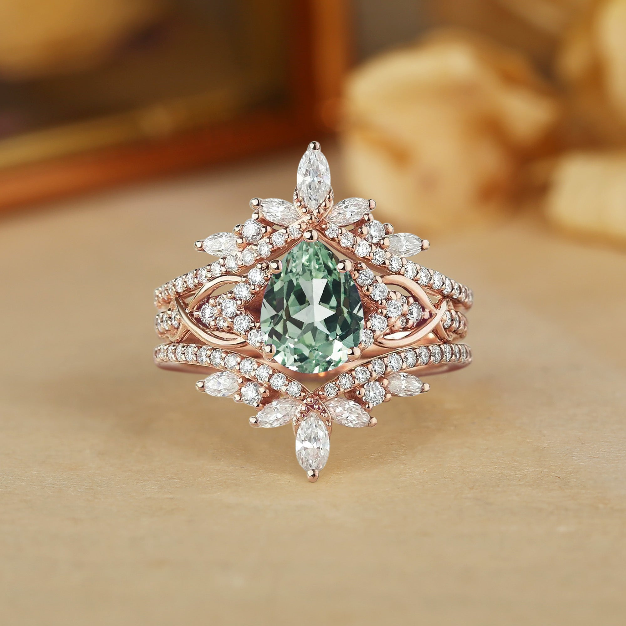 Jasmine - Vintage Enhancer Pear Cut Moissanite Twist Bridal Set 2pcs