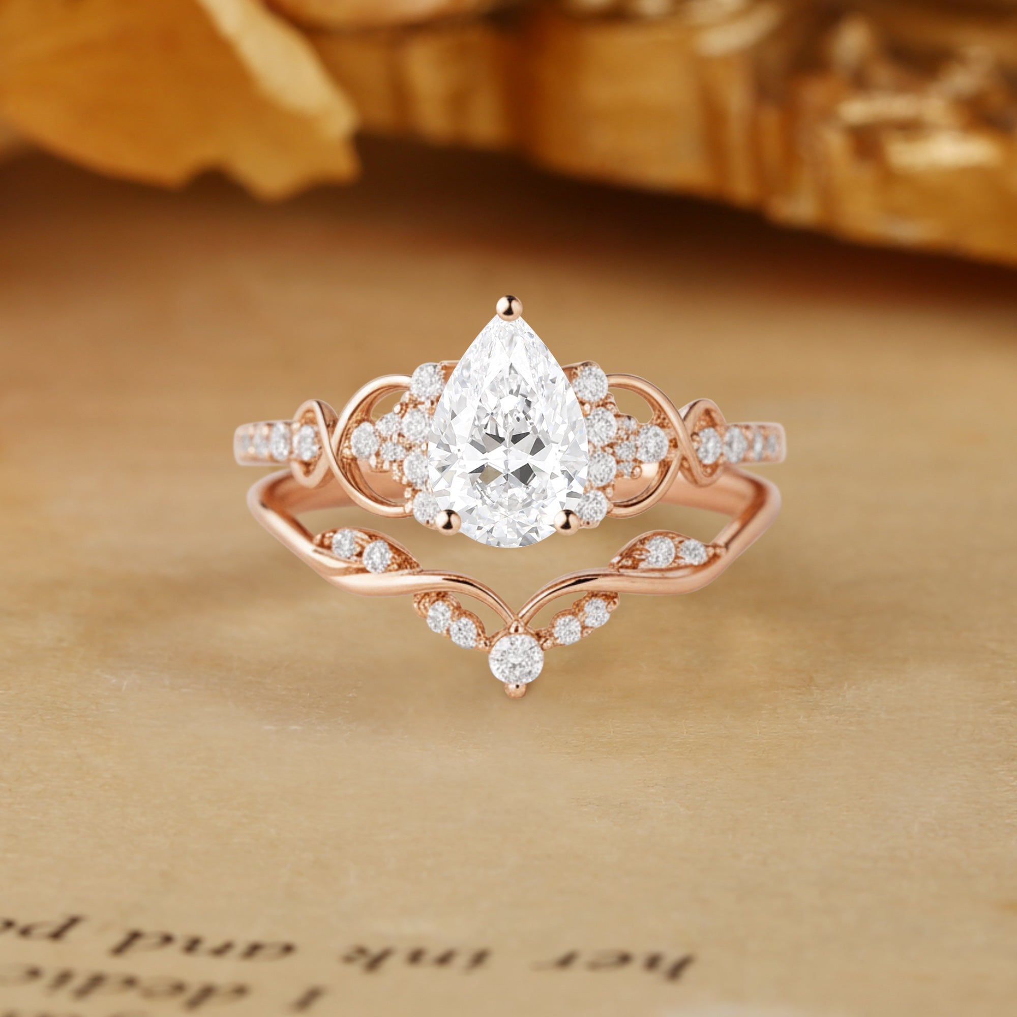 Ramona - Vintage Pear Cut Lab Grown Diamond Twist Cluster Bridal Set 2pcs