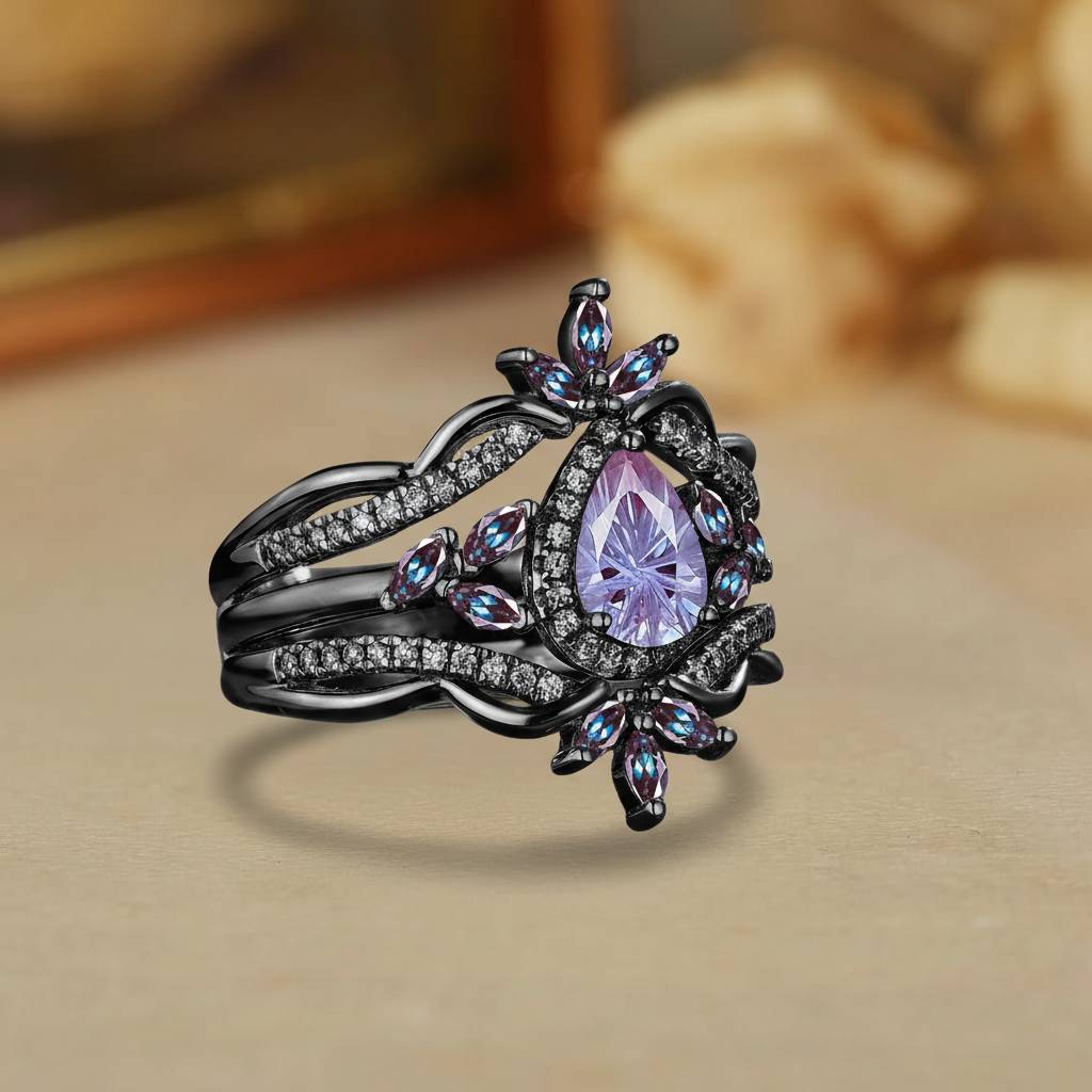Edith - Halo Vintage Pear Firework Cut Alexandrite Enhancer Ring Set 2pcs