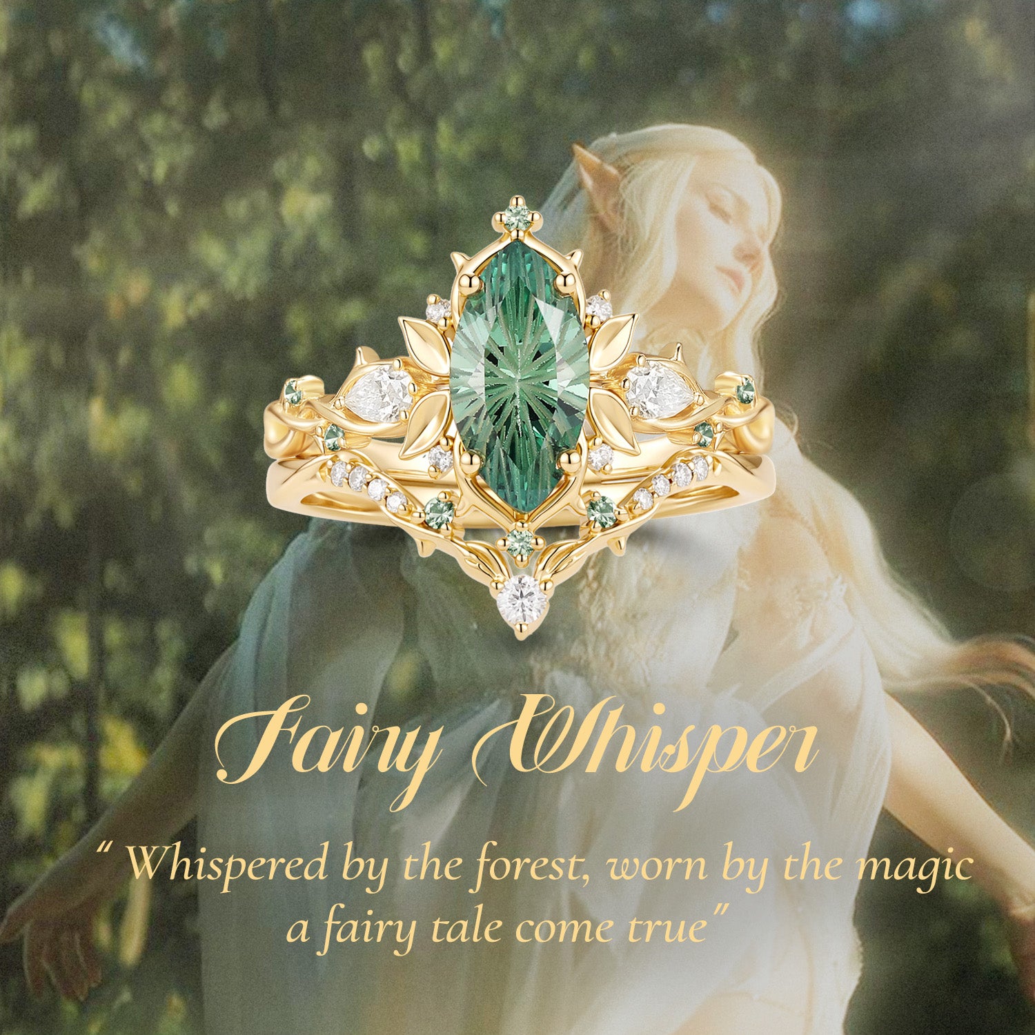 Forest Fairy Marquise Firework Cut Green Sapphire Leafy Inspired Bridal Set 2pcs - Fae