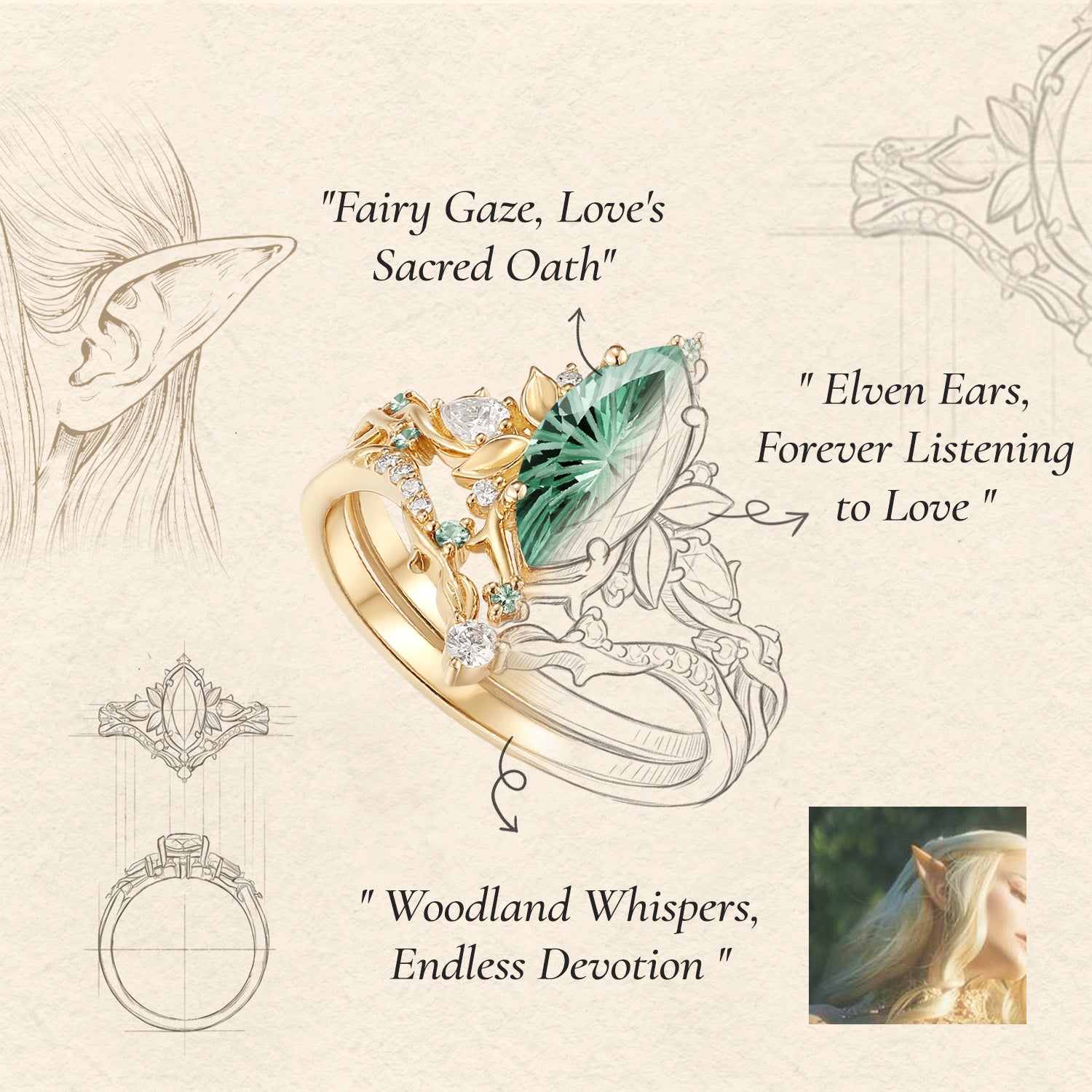 Forest Fairy Marquise Firework Cut Green Sapphire Leafy Inspired Bridal Set 2pcs - Fae