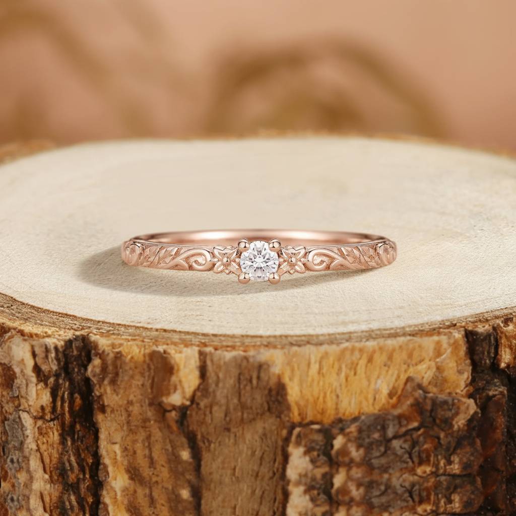 Nature Inspired Moissanite Engraved Floral Wedding Ring