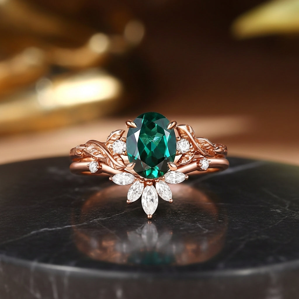 Eden - Lab Emerald Vine Inspired Leafy Bridal Set 2pcs