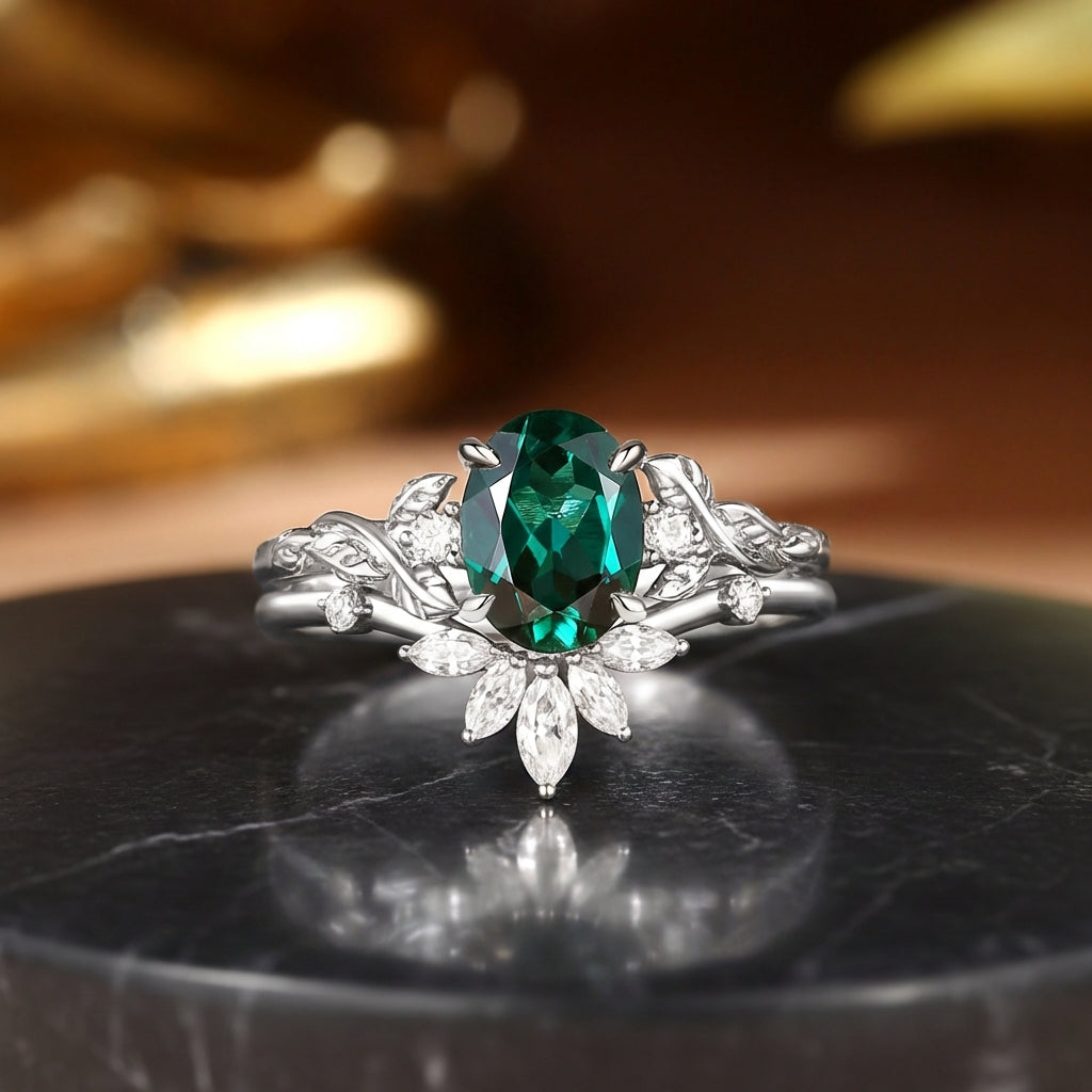 Eden - Lab Emerald Vine Inspired Leafy Bridal Set 2pcs