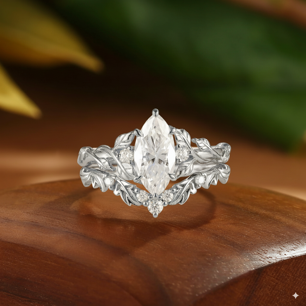 Blanche - Vintage Moissanite Marquise Floral Engagement Ring Set