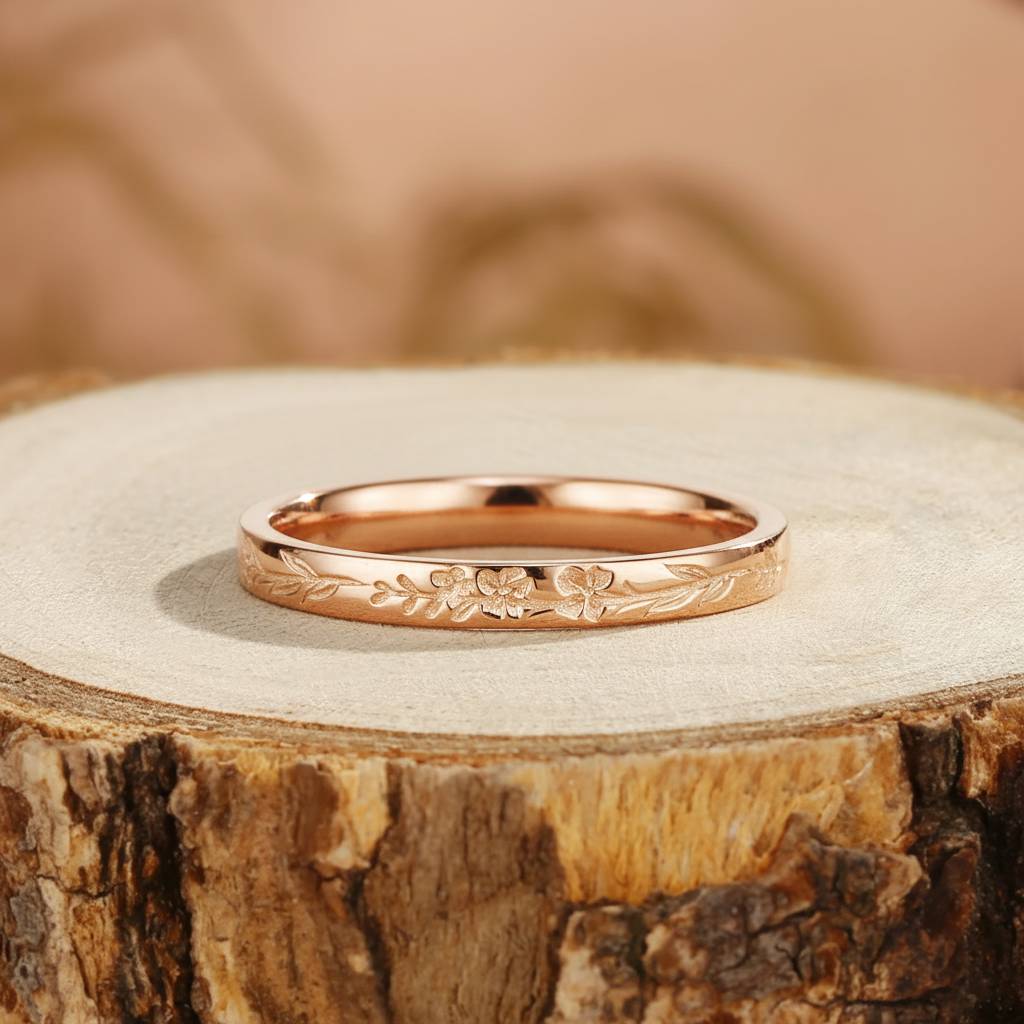 Birth Flower Ring Natural Inspired Leaf Wedding Band Art Deco