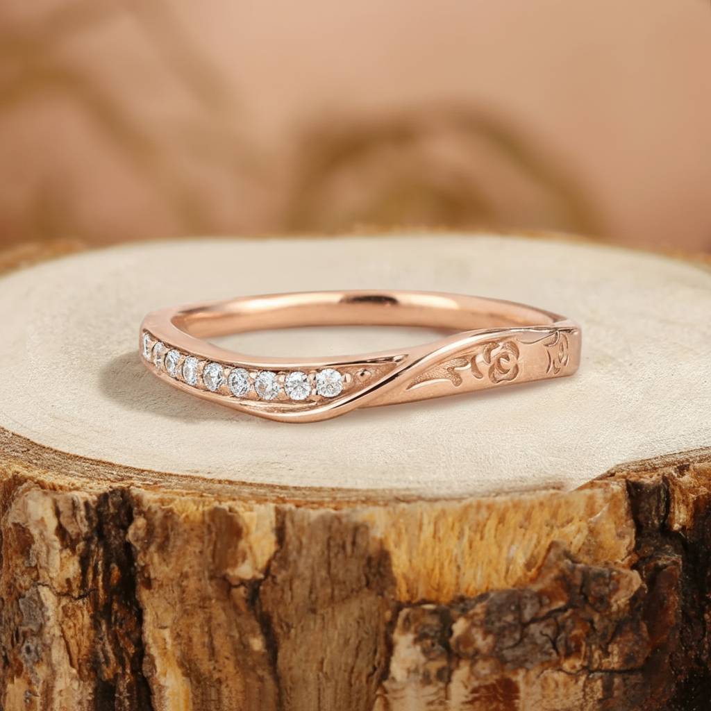 Unique Moissanite Wedding Band Art Deco Engraved Flower Ring For Women