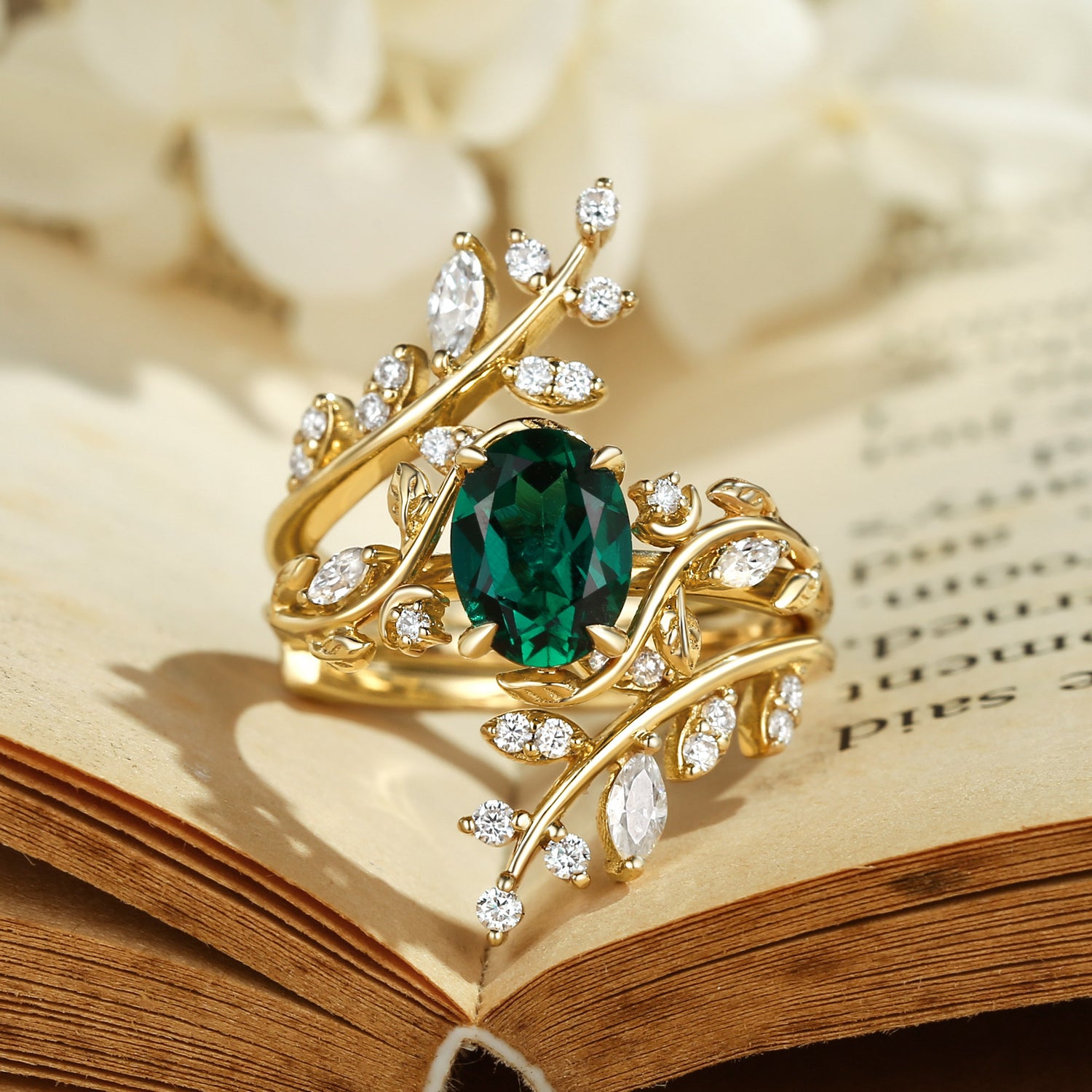 Gabrielle - Oval Cut Lab Emerald Enhancer Bridal Set 2pcs