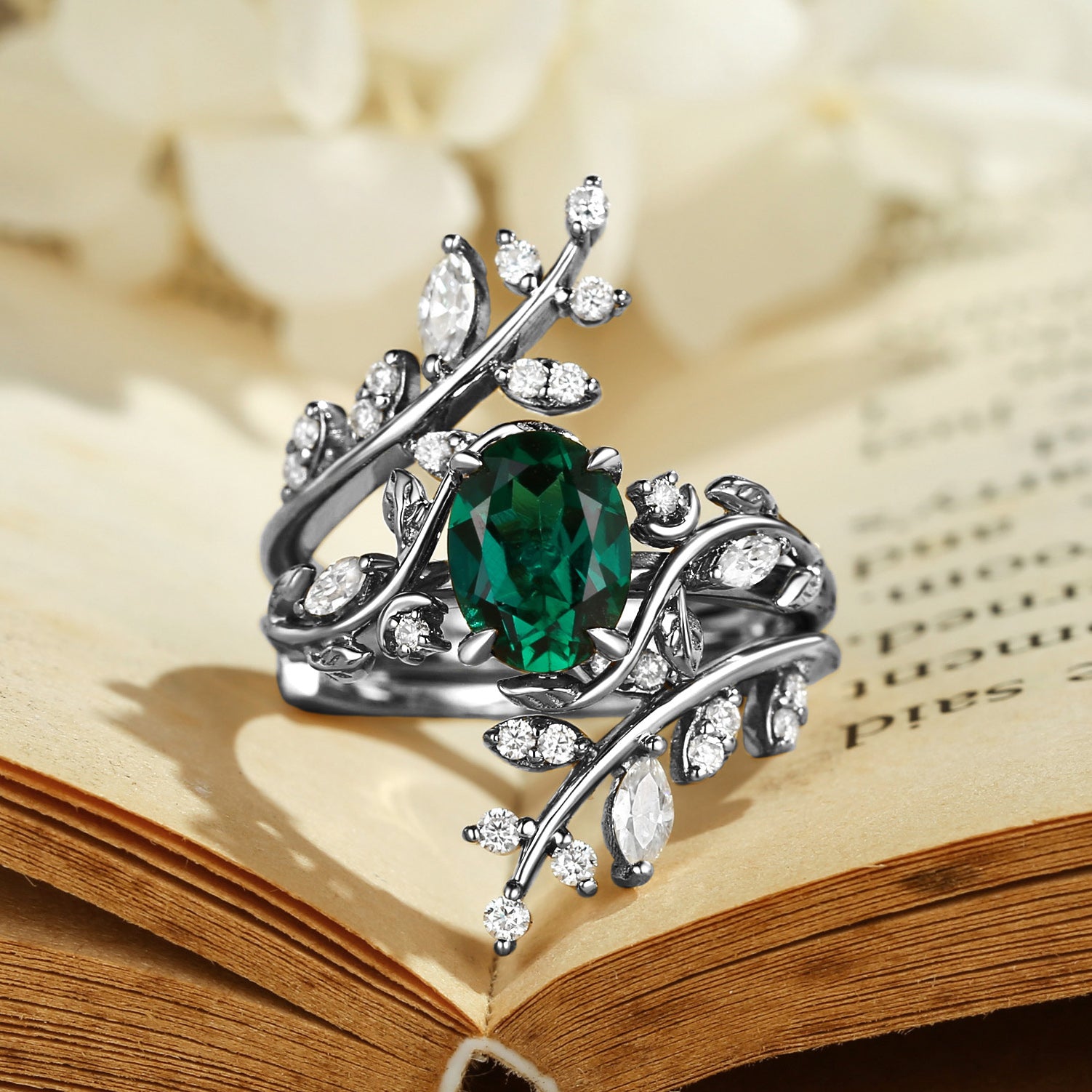 Gabrielle - Oval Cut Lab Emerald Enhancer Bridal Set 2pcs