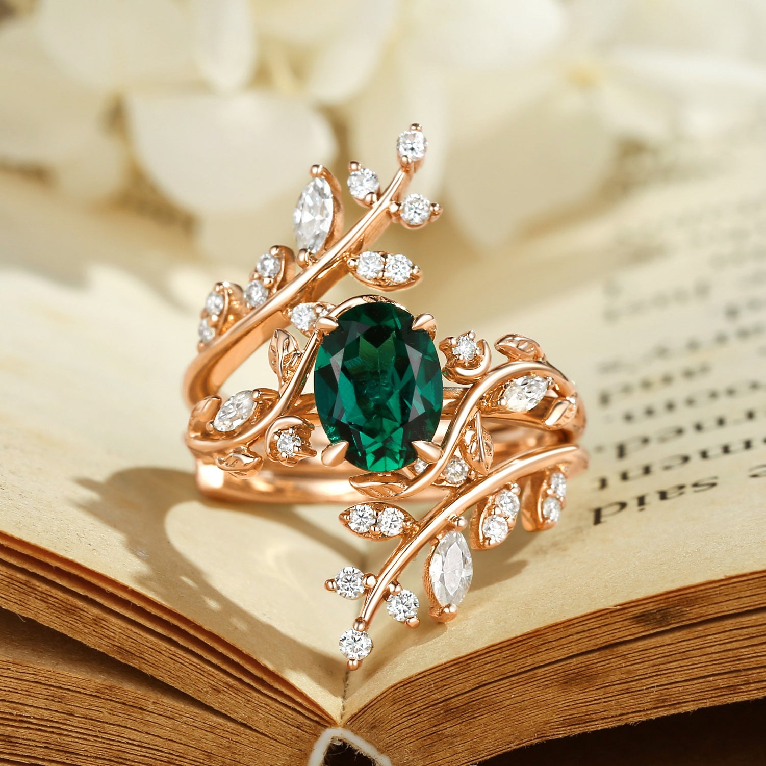 Gabrielle - Oval Cut Lab Emerald Enhancer Bridal Set 2pcs