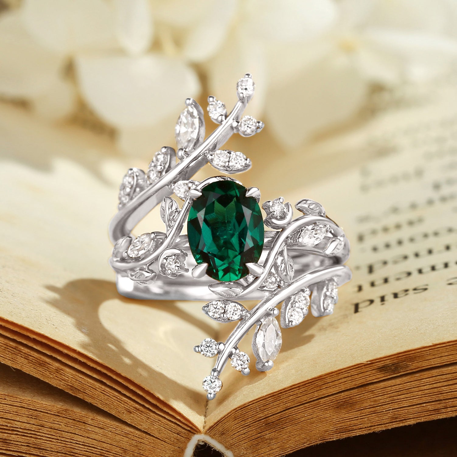 Gabrielle - Oval Cut Lab Emerald Enhancer Bridal Set 2pcs