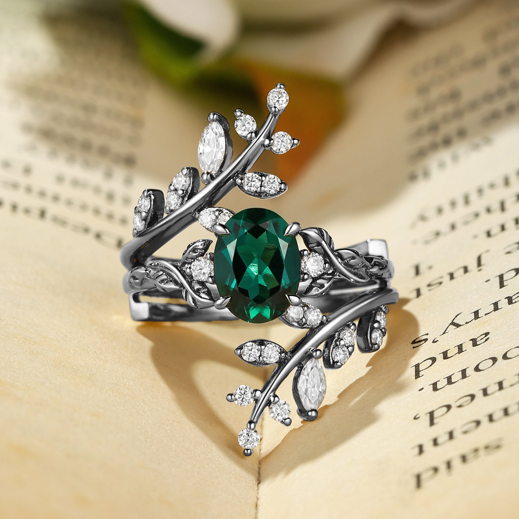 Florence - Lab Emerald Oval Cut Enhancer Leafy Bridal Set 2pcs