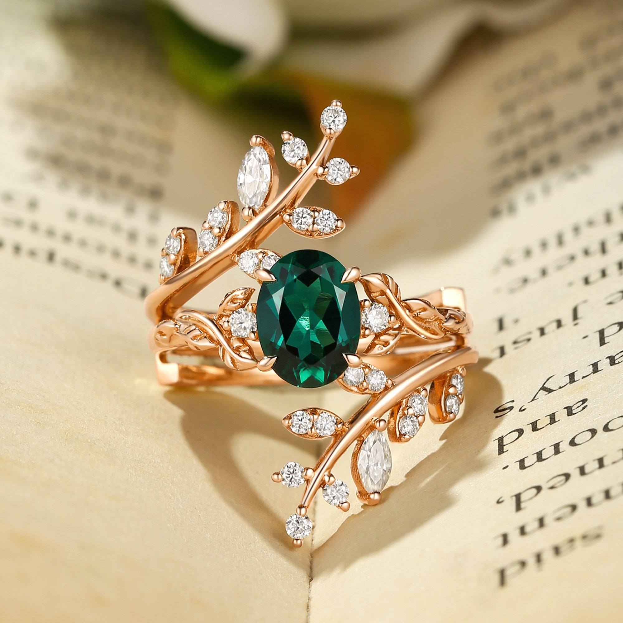 Florence - Lab Emerald Oval Cut Enhancer Leafy Bridal Set 2pcs
