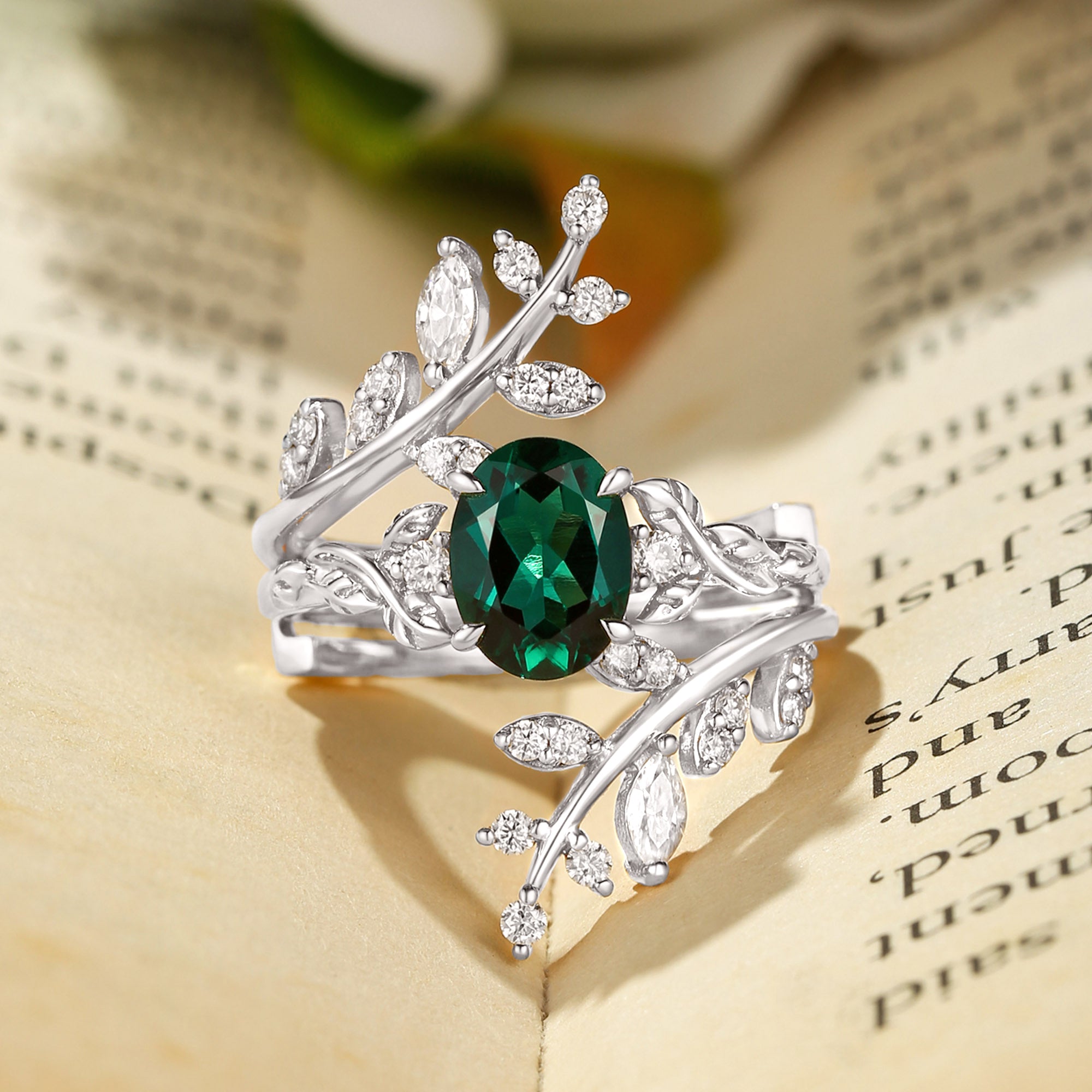 Florence - Lab Emerald Oval Cut Enhancer Leafy Bridal Set 2pcs