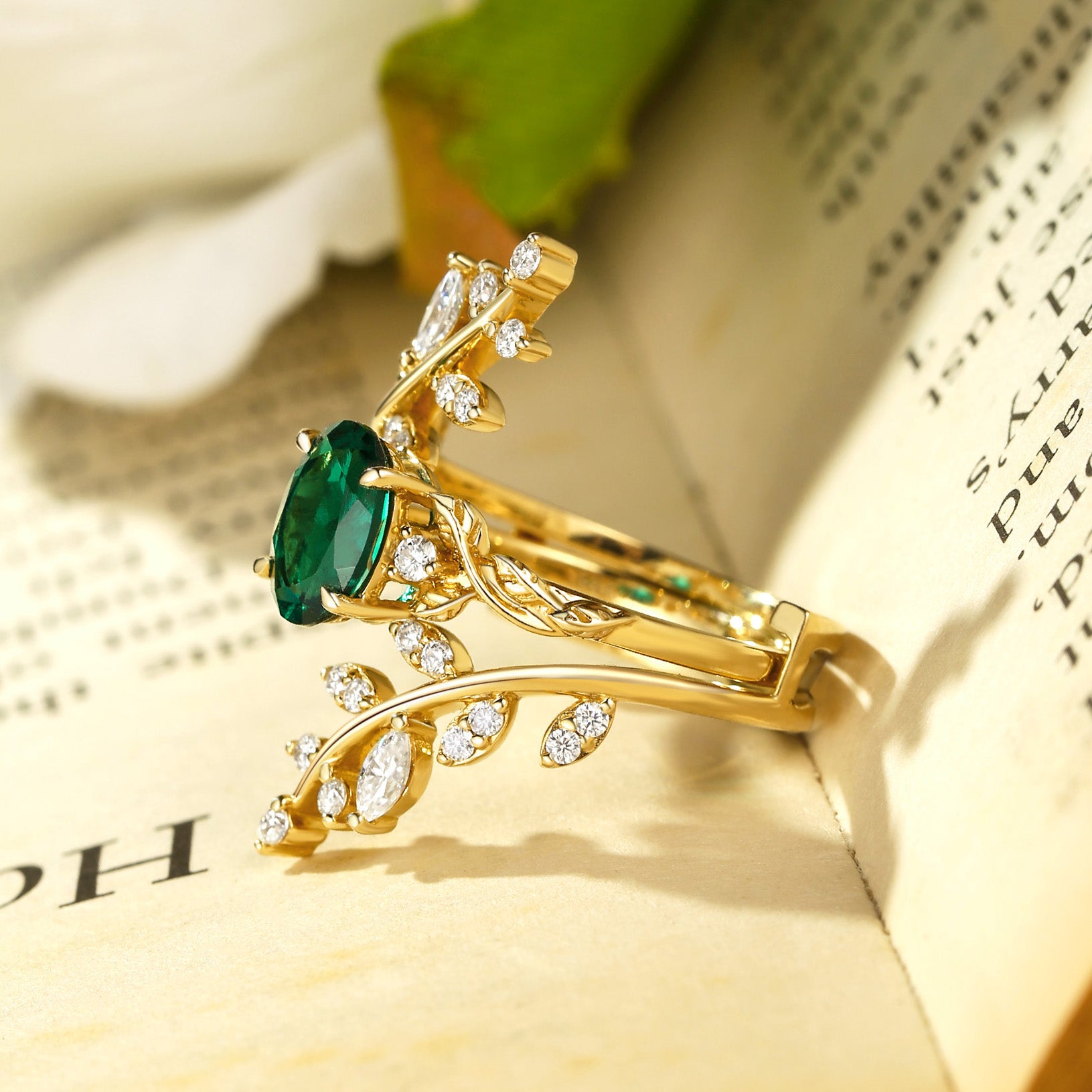 Florence - Lab Emerald Oval Cut Enhancer Leafy Bridal Set 2pcs