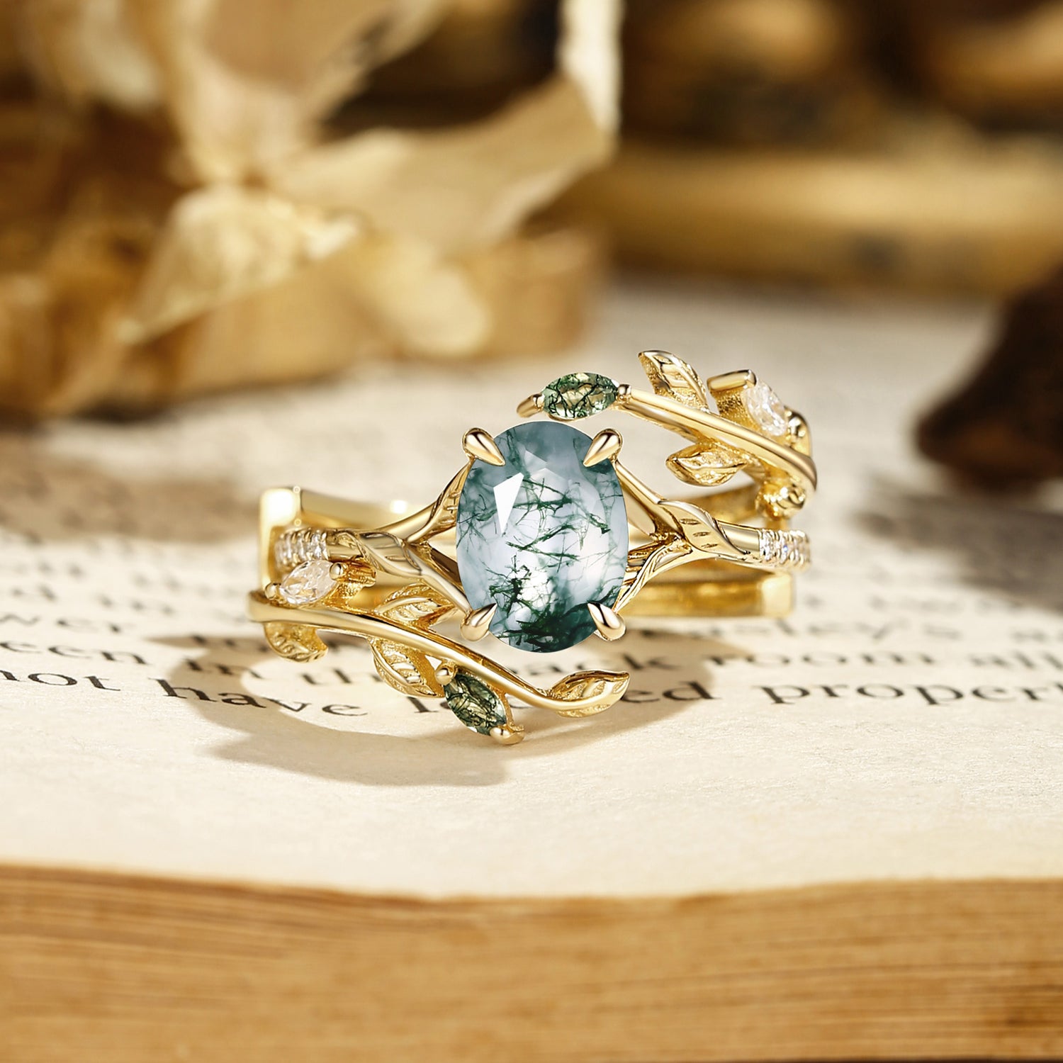 Dahlia - Moss Agate Leafy Split Band Engagement Ring Set 2pcs