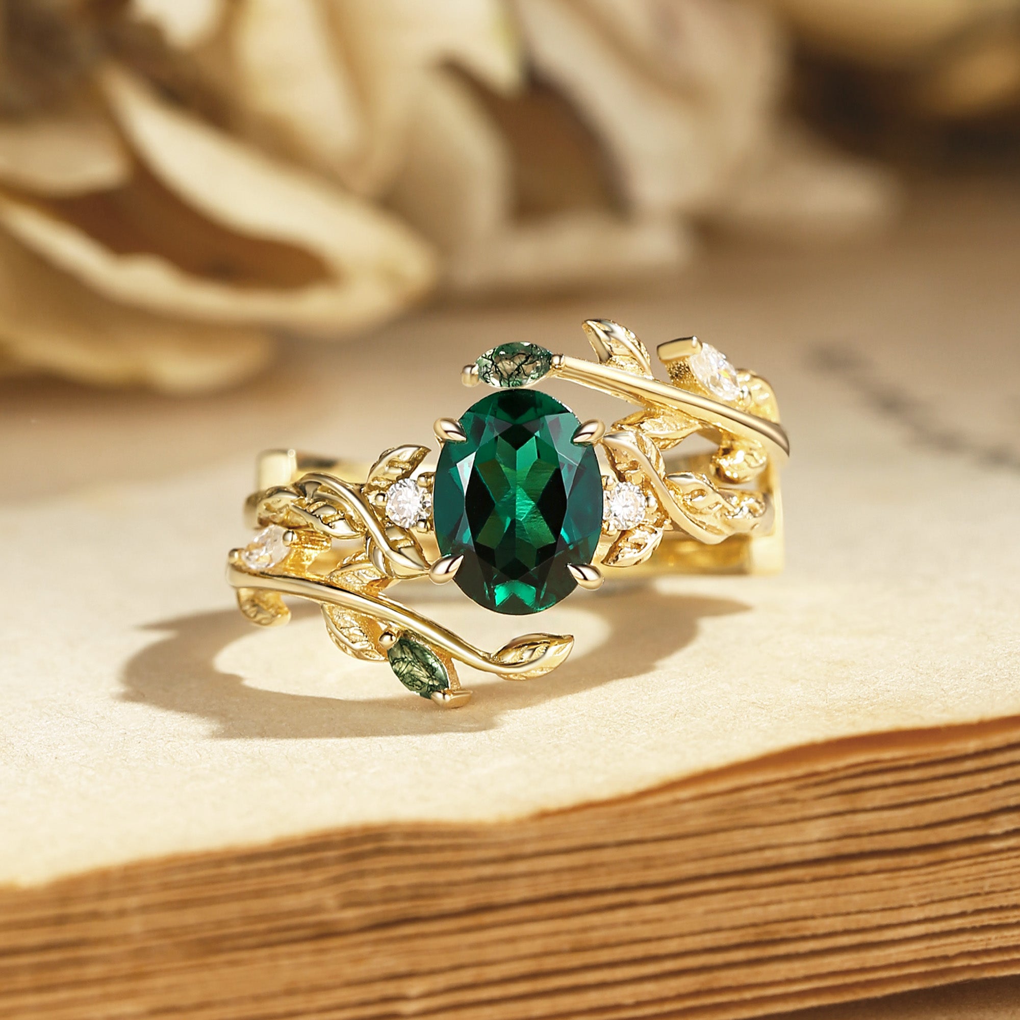 Helen - Lab Emerald Leafy Engagement Ring Set 2pcs