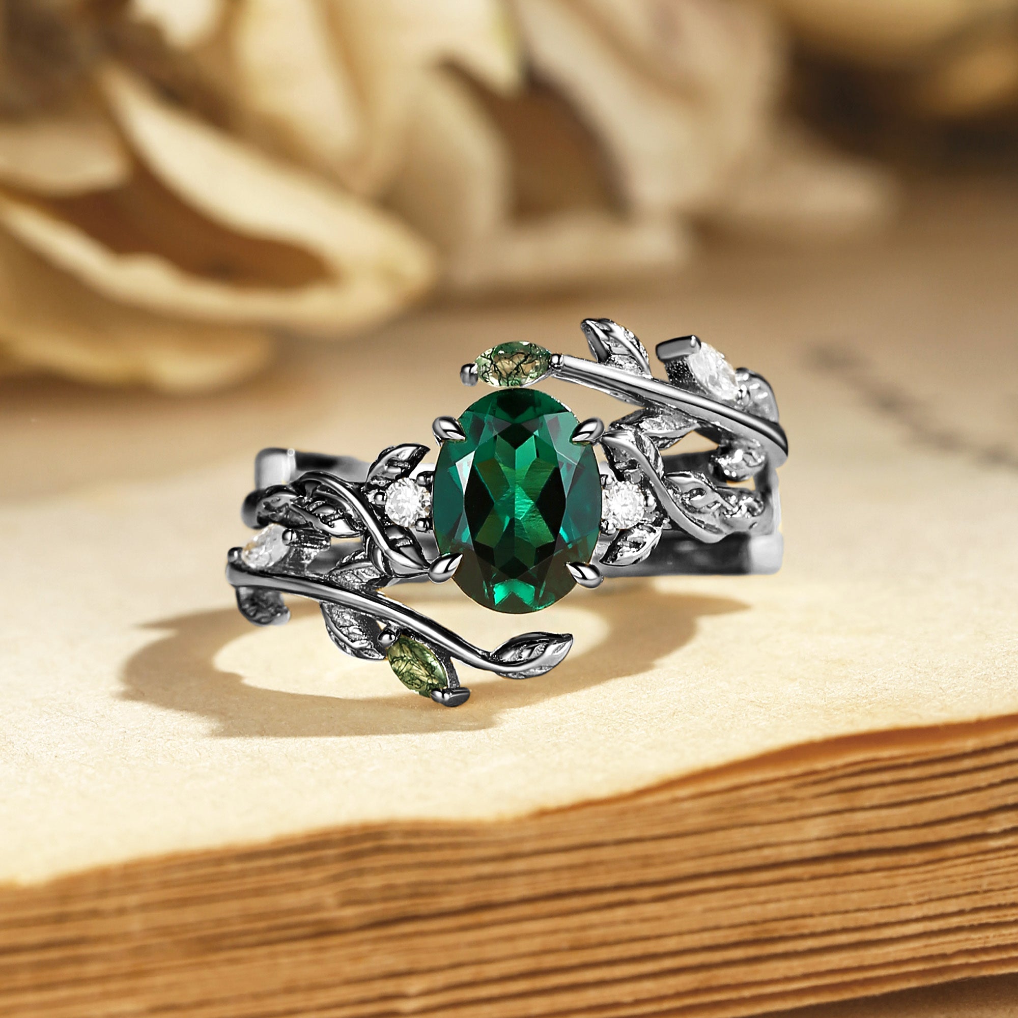 Helen - Lab Emerald Leafy Engagement Ring Set 2pcs
