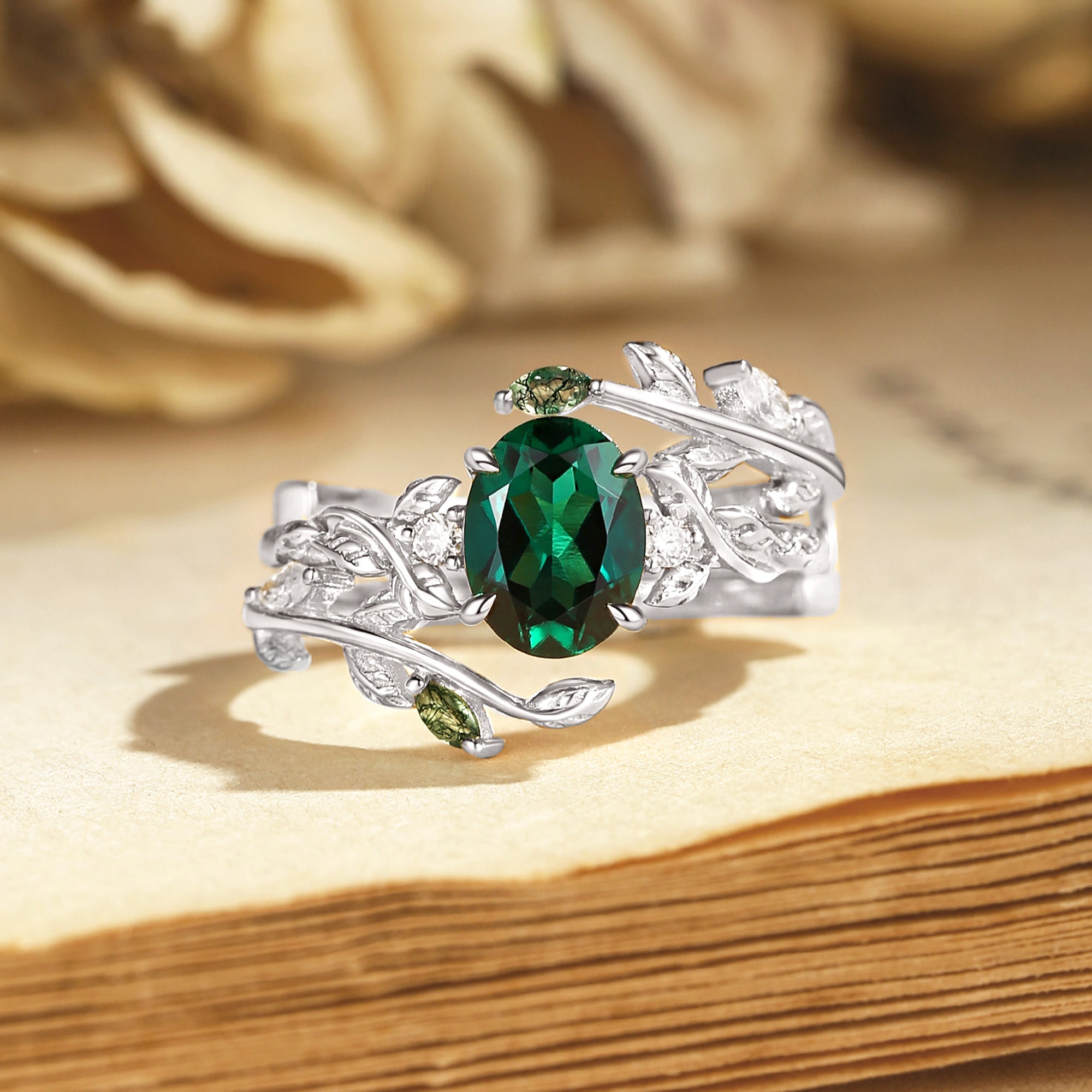 Helen - Lab Emerald Leafy Engagement Ring Set 2pcs