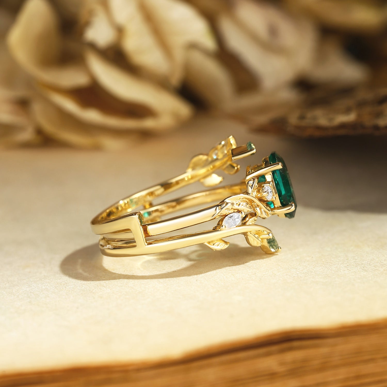 Helen - Lab Emerald Leafy Engagement Ring Set 2pcs