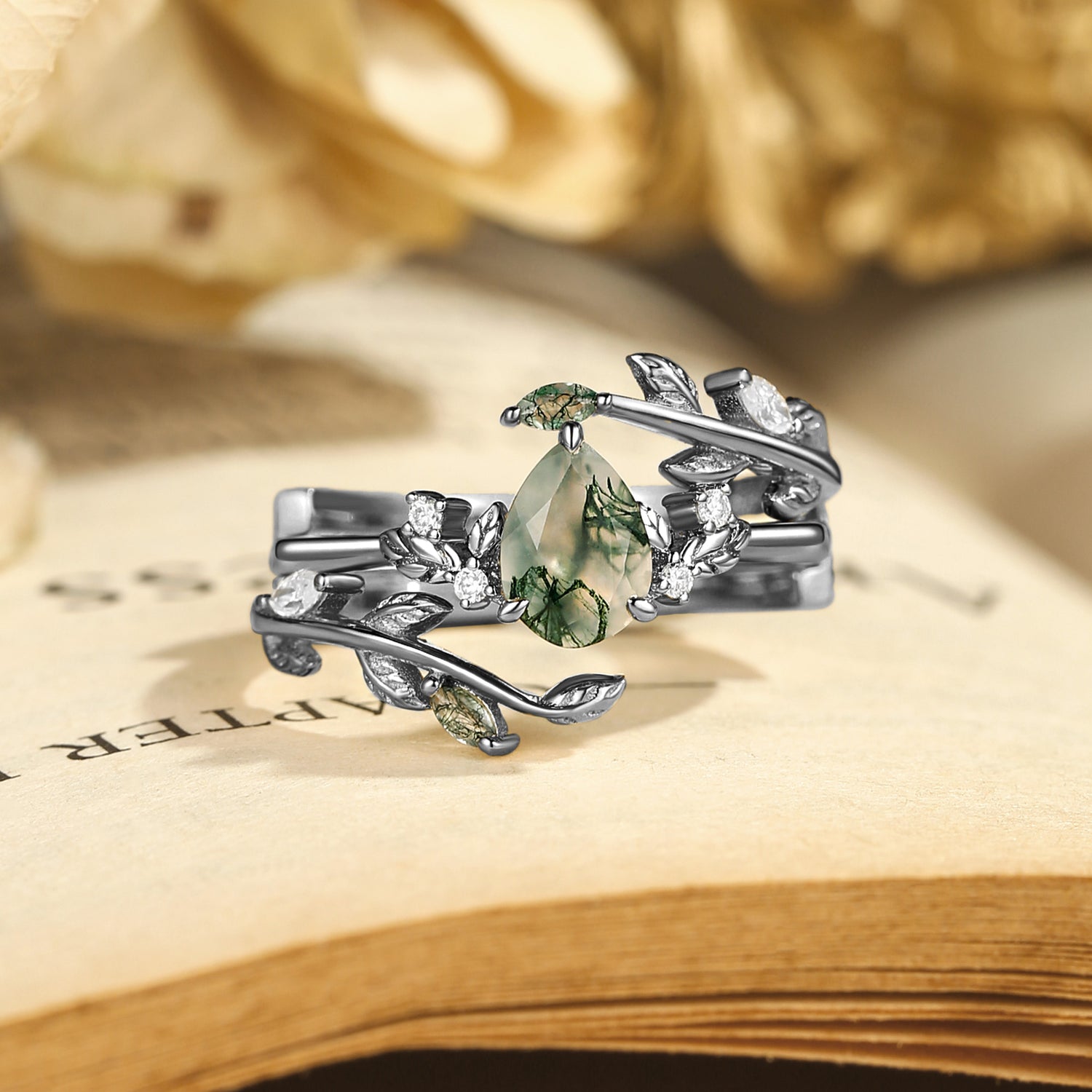 Dawn - Pear Cut Moss Agate Leafy Engagement Ring Set 2pcs