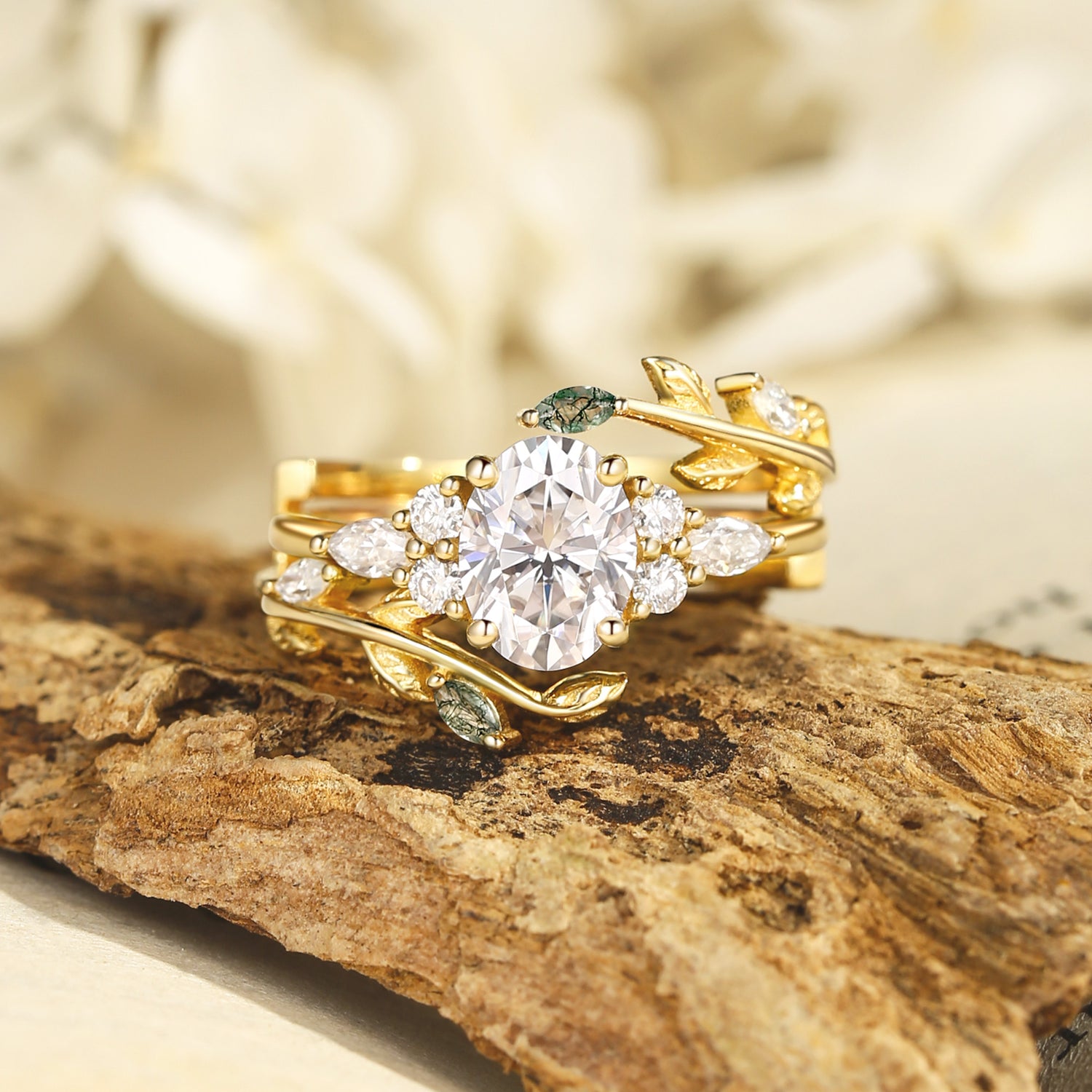 Daria - Moissanite Leafy Engagement Ring Set 2pcs