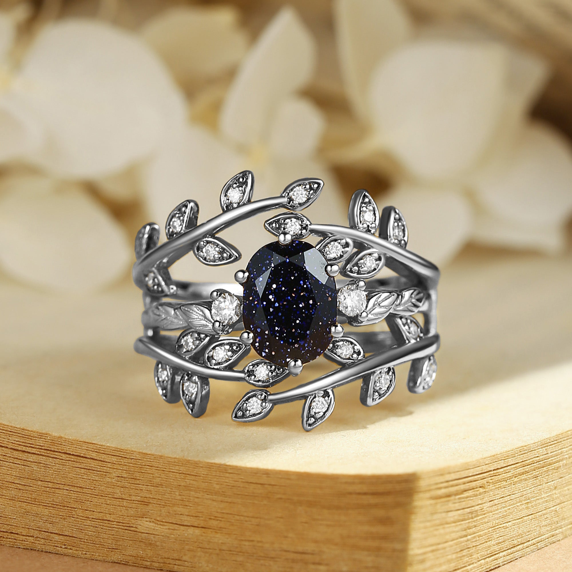 Hedwige - Blue Sandstone Leafy Branch Enhancer Ring Set 2pcs