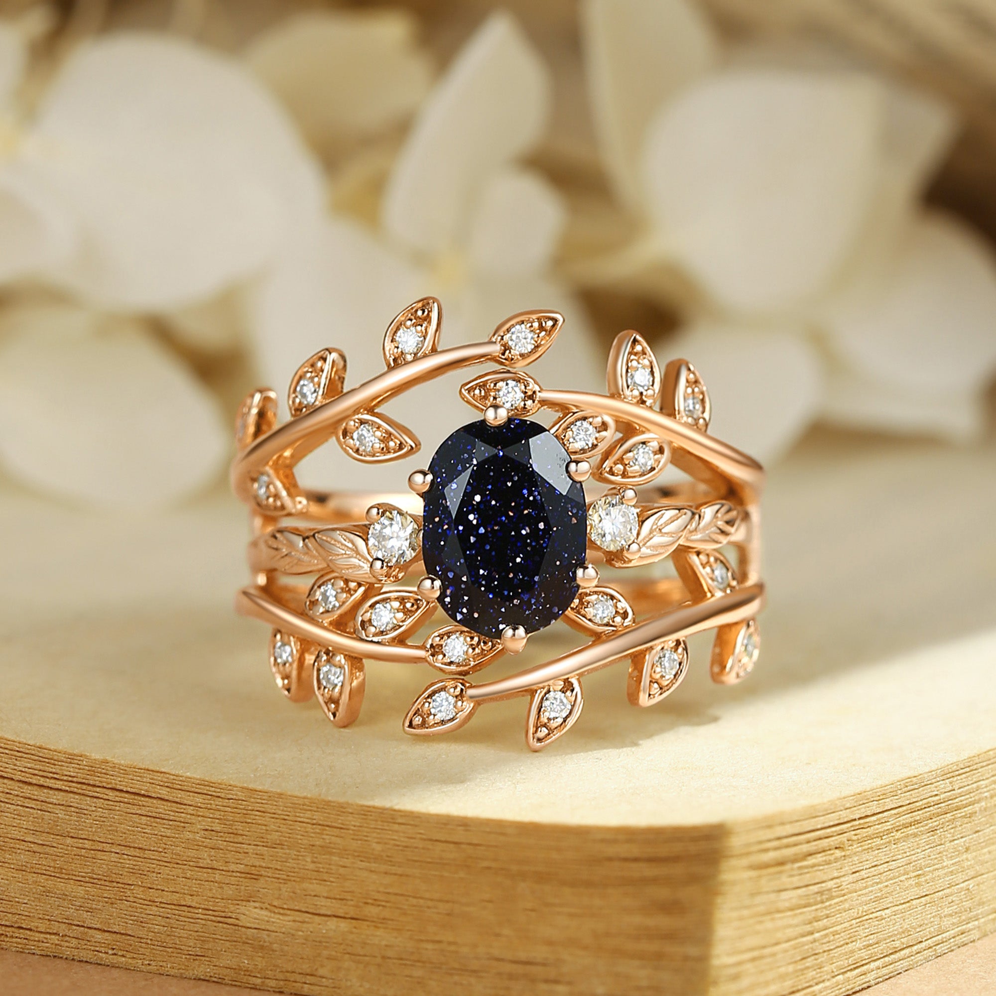 Hedwige - Blue Sandstone Leafy Branch Enhancer Ring Set 2pcs