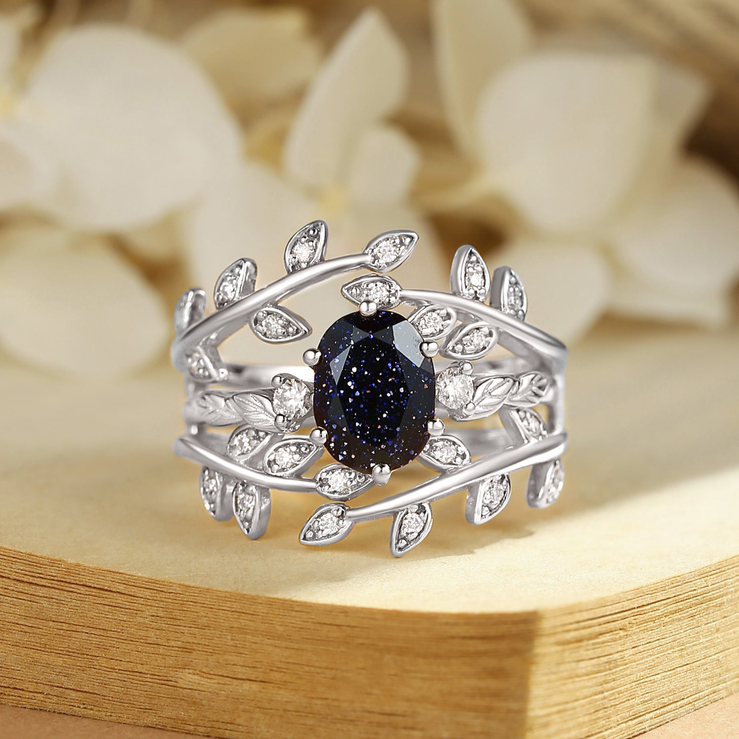 Blue Sandstone Leafy Branch Enhancer Ring Set 2pcs - Hedwige