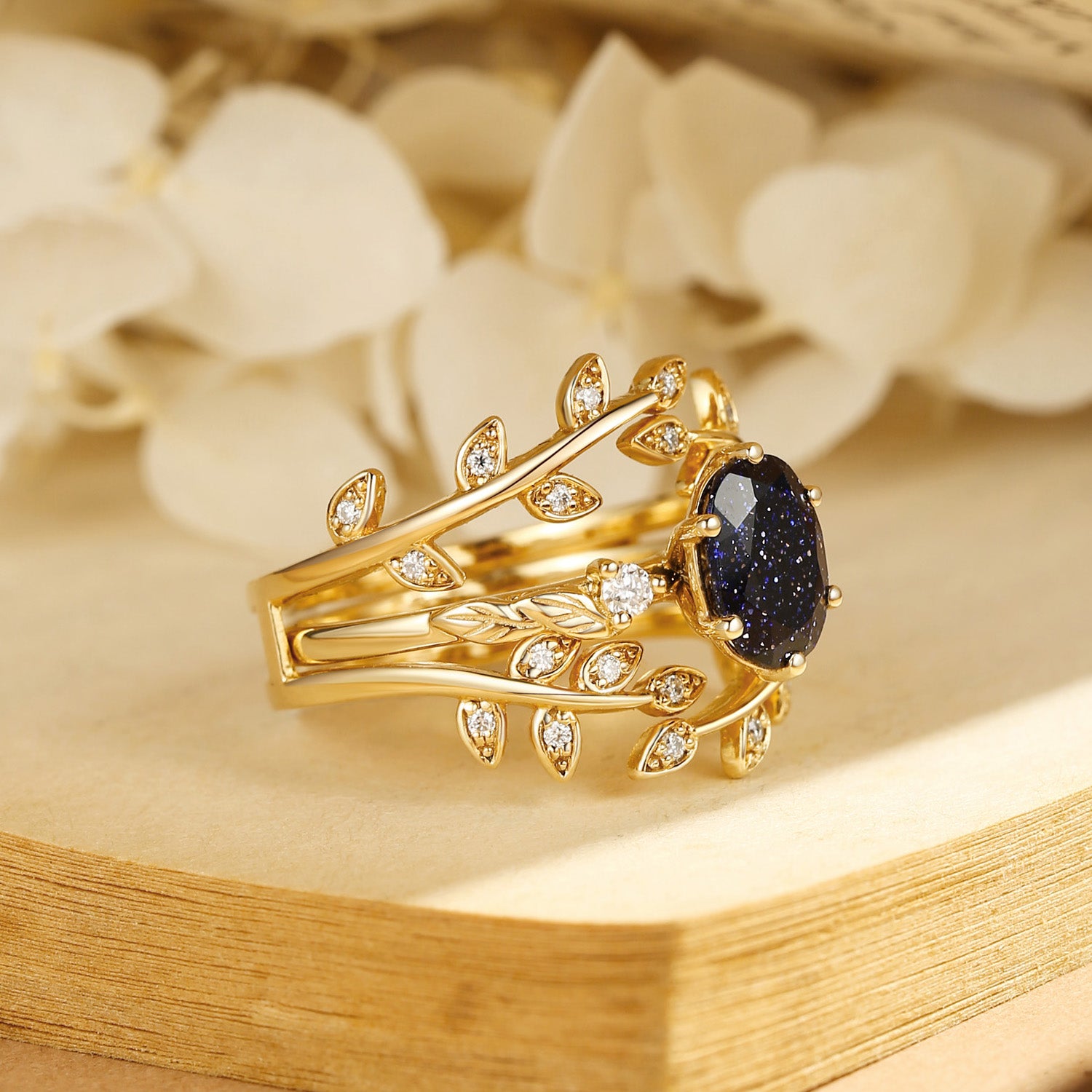 Hedwige - Blue Sandstone Leafy Branch Enhancer Ring Set 2pcs
