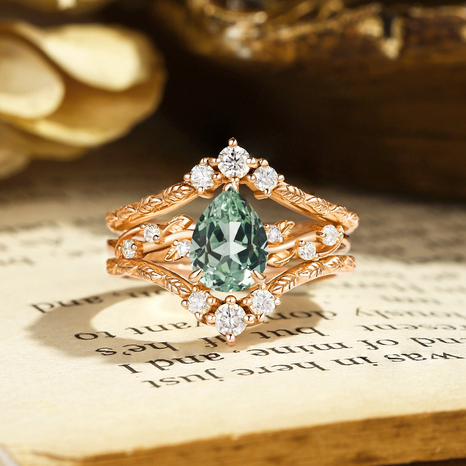 Pear Cut Green Sapphire Leafy Filigree Bridal Set 2pcs - Harmonie