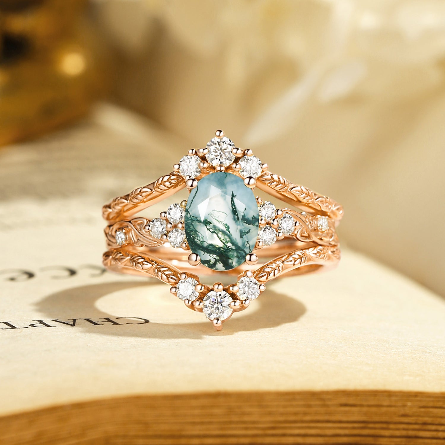 Blingflare Oval Moss Agate Filigree Ring Bridal Set 2pcs - Hazel