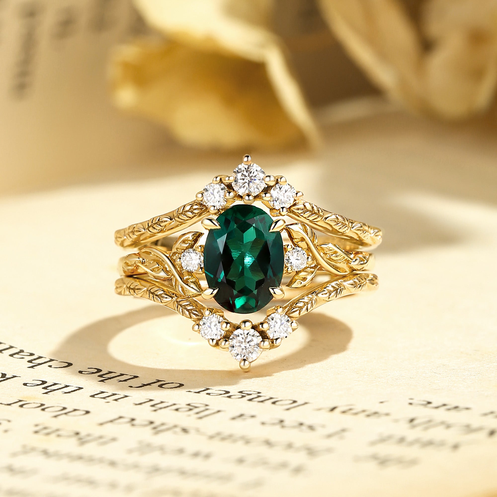 Josephine - Lab Emerald Oval Cut Leafy Filigree Bridal Set 2pcs